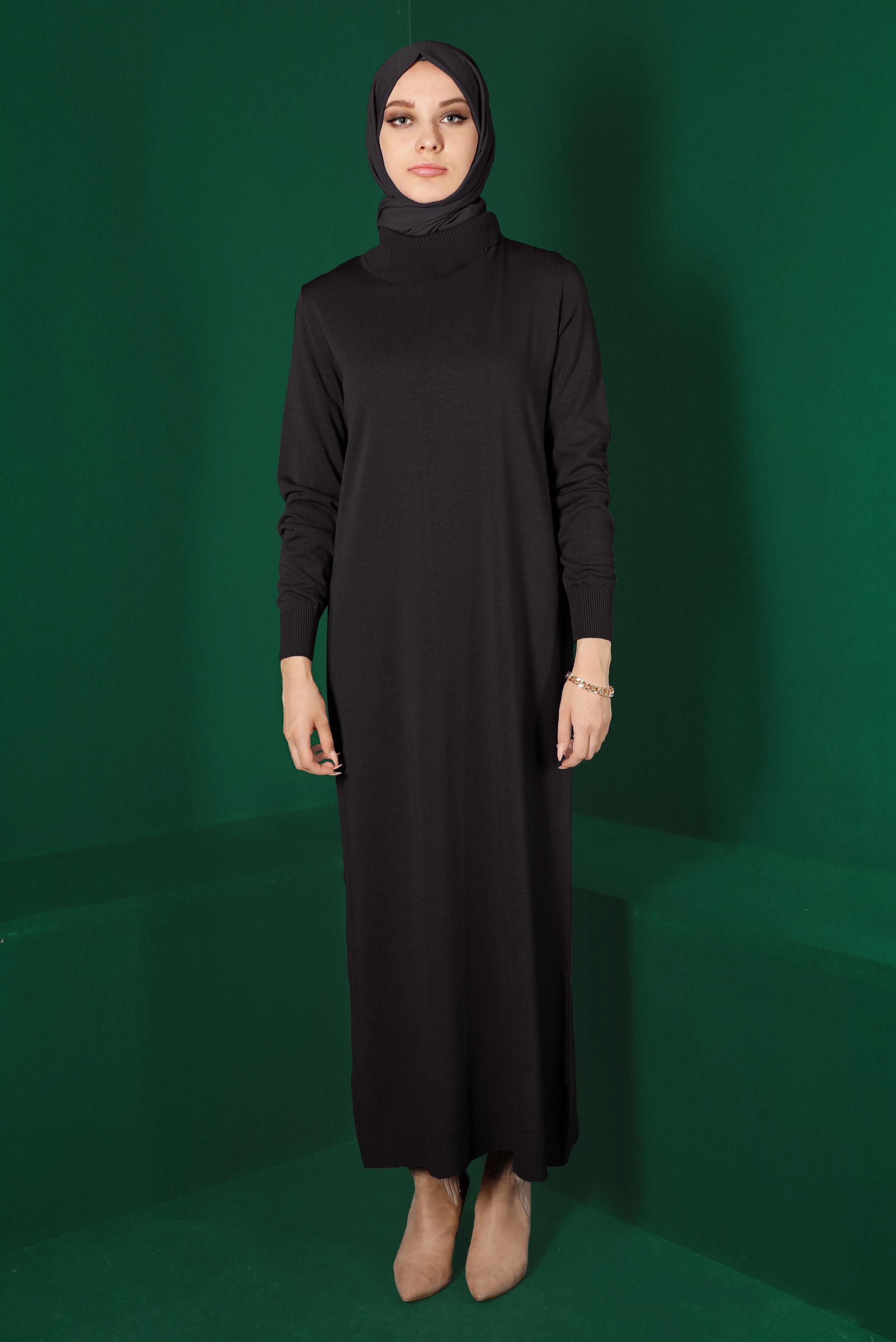 Tesettür giyim SİYAH BOĞAZLI BASIC TRİKO ELBİSE 43105