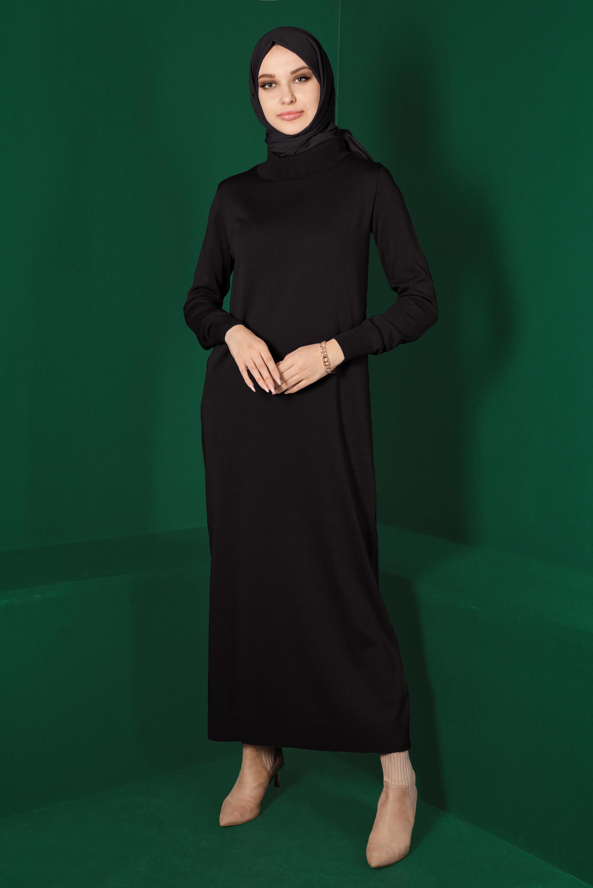 Tesettür giyim SİYAH BOĞAZLI BASIC TRİKO ELBİSE 43105