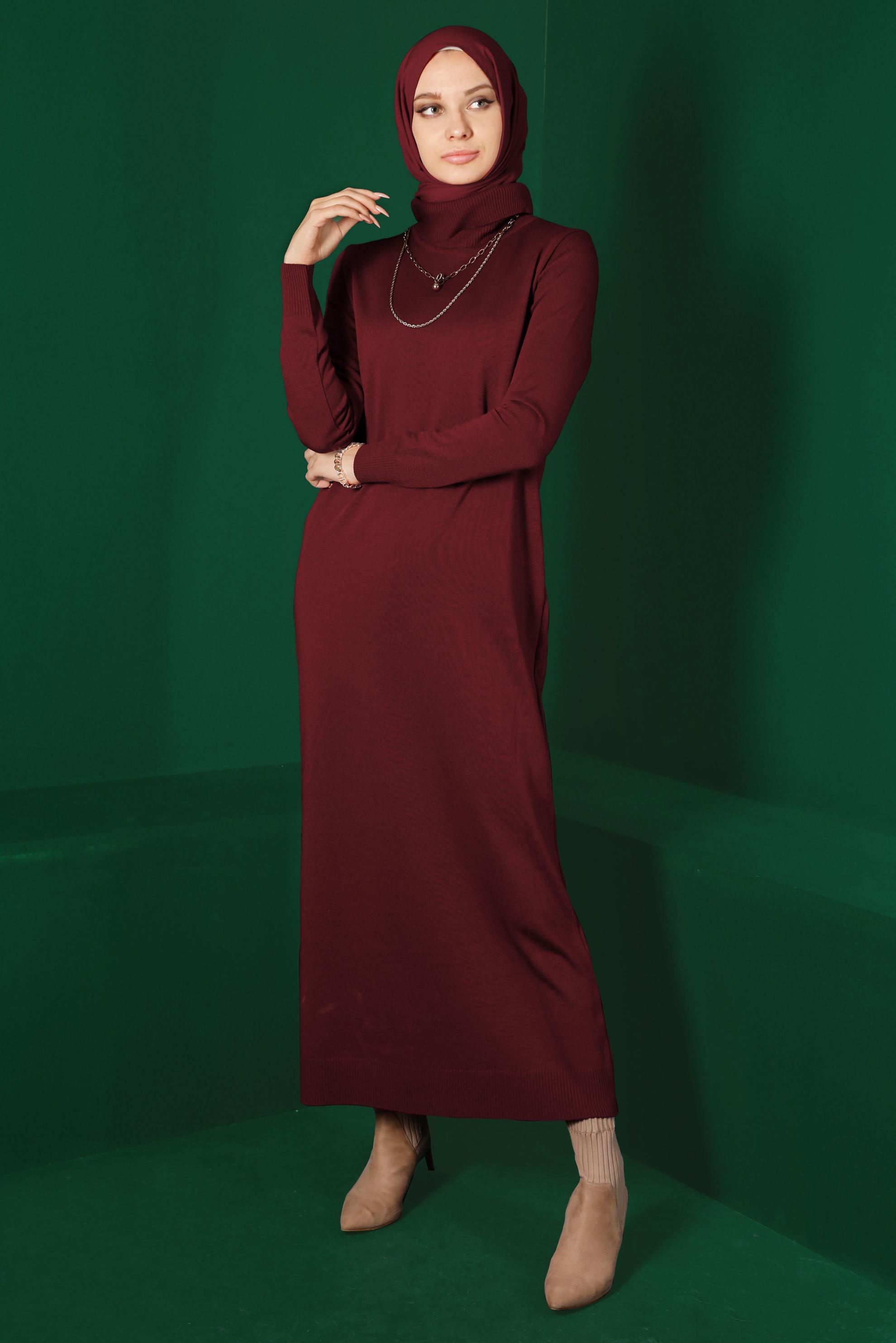 Tesettür giyim KIRMIZI BOĞAZLI BASIC TRİKO ELBİSE 43105