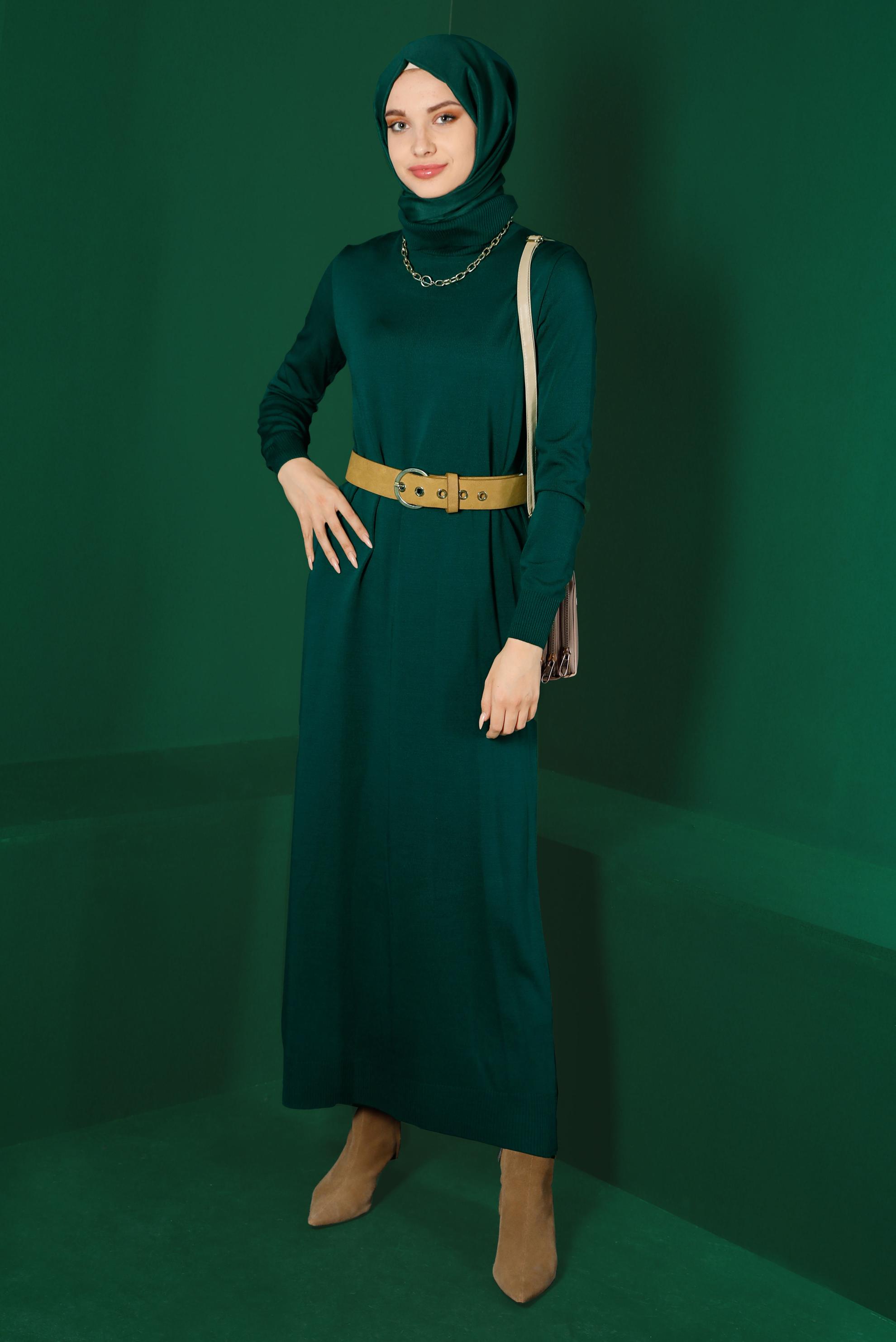 Tesettür giyim YEŞİL BOĞAZLI BASIC TRİKO ELBİSE 43105