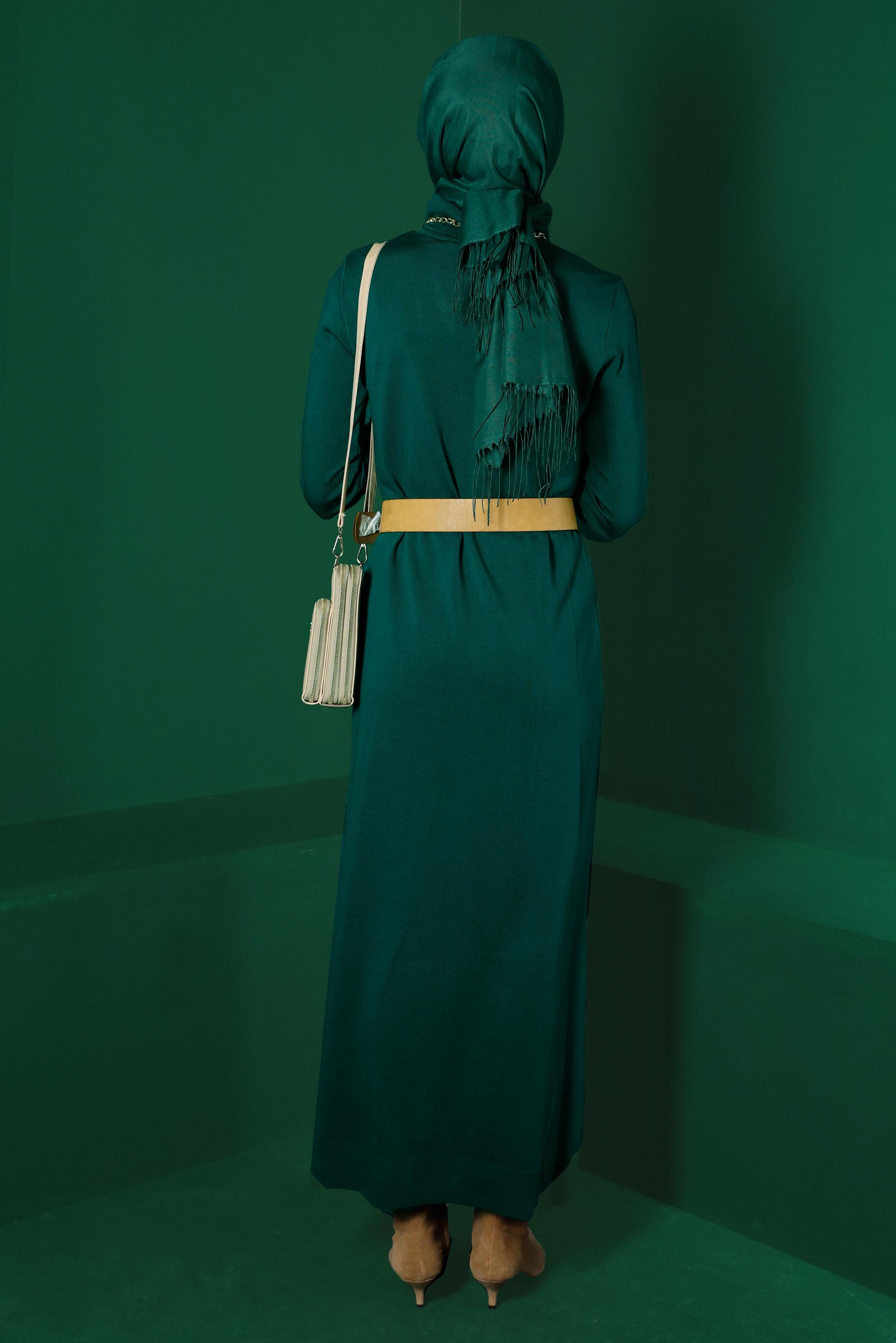 Tesettür giyim YEŞİL BOĞAZLI BASIC TRİKO ELBİSE 43105