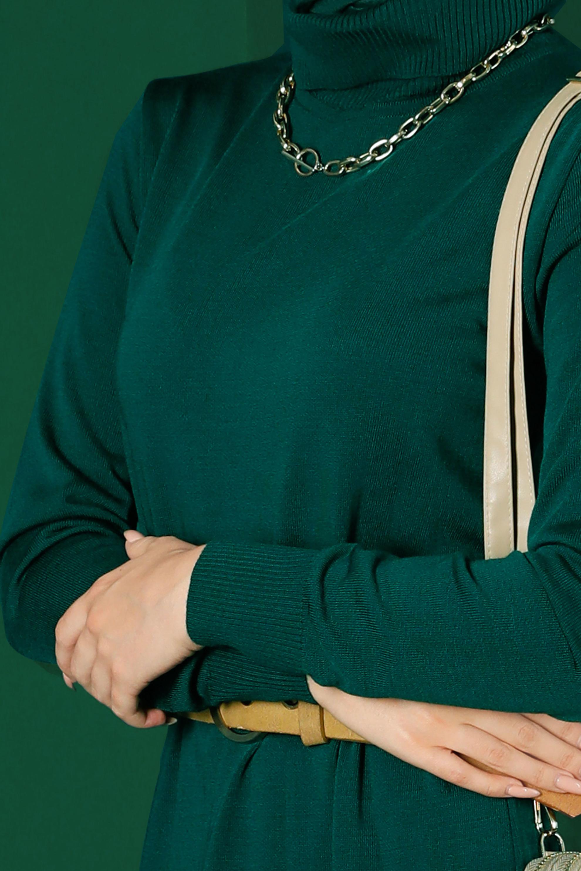 Tesettür giyim YEŞİL BOĞAZLI BASIC TRİKO ELBİSE 43105