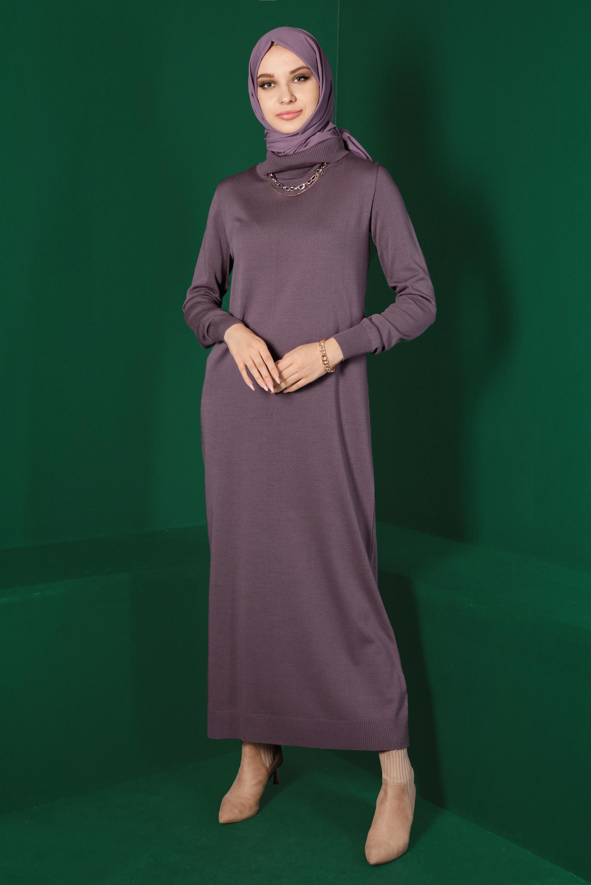 Tesettür giyim MOR BOĞAZLI BASIC TRİKO ELBİSE 43105
