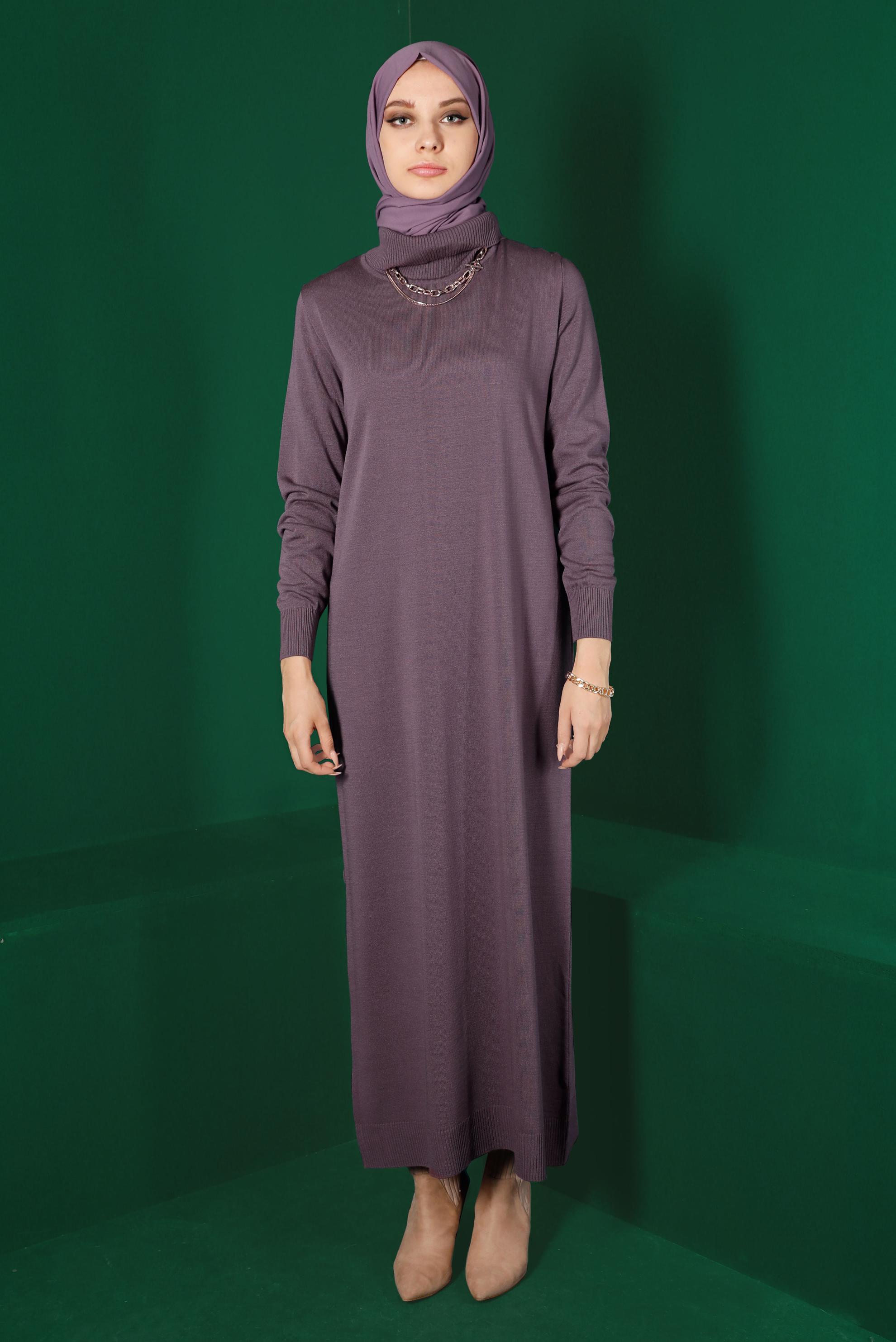 Tesettür giyim MOR BOĞAZLI BASIC TRİKO ELBİSE 43105