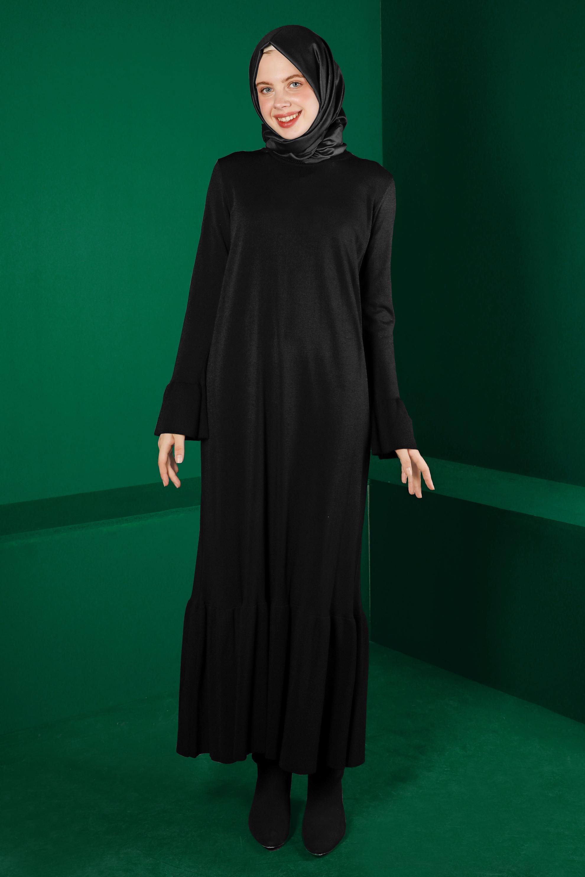 Tesettür giyim SİYAH VOLANLI TRİKO ELBİSE 43128