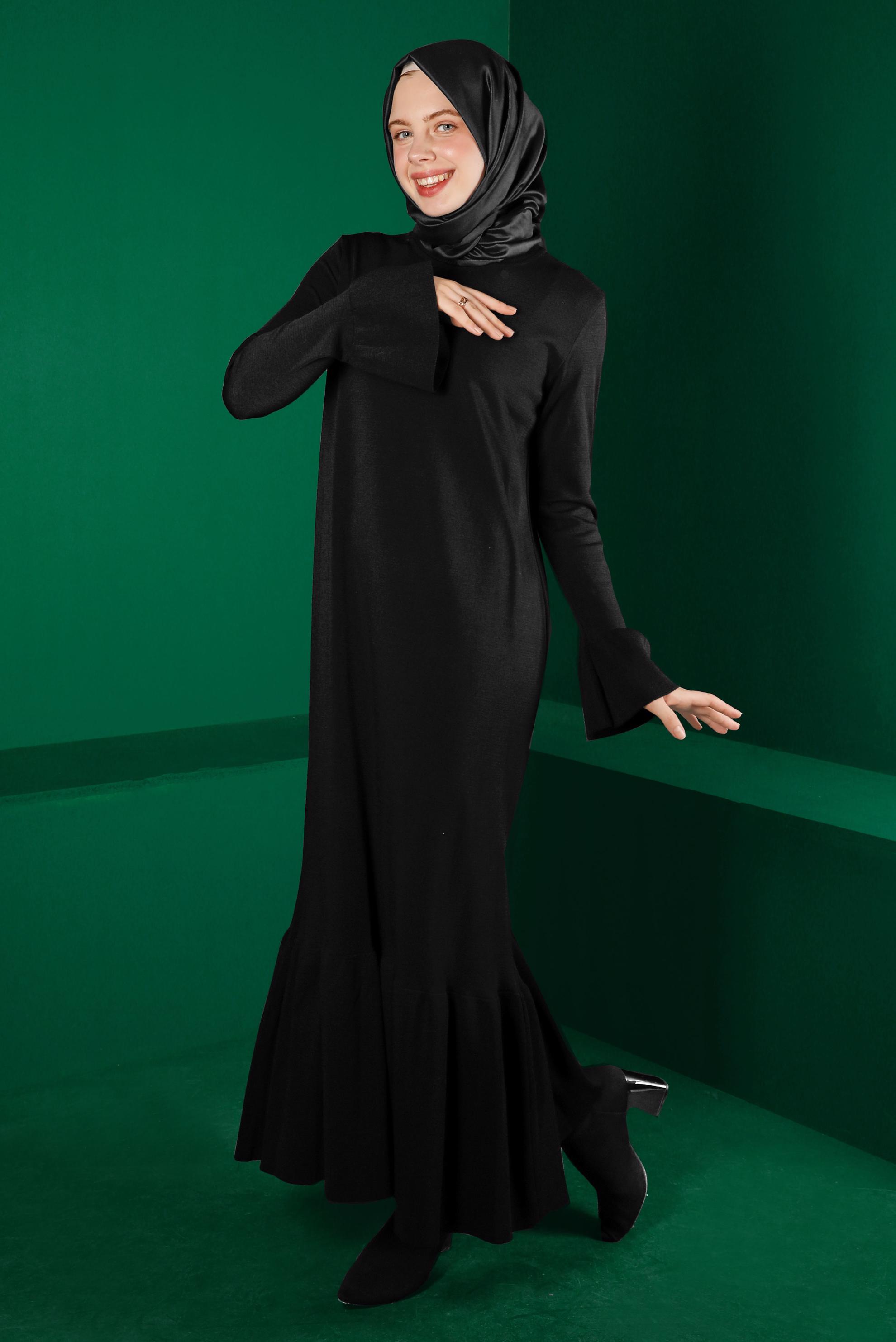 Tesettür giyim SİYAH VOLANLI TRİKO ELBİSE 43128