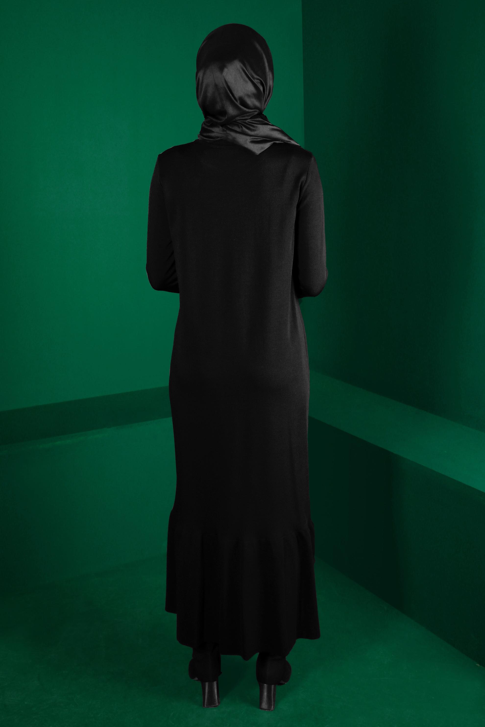 Tesettür giyim SİYAH VOLANLI TRİKO ELBİSE 43128