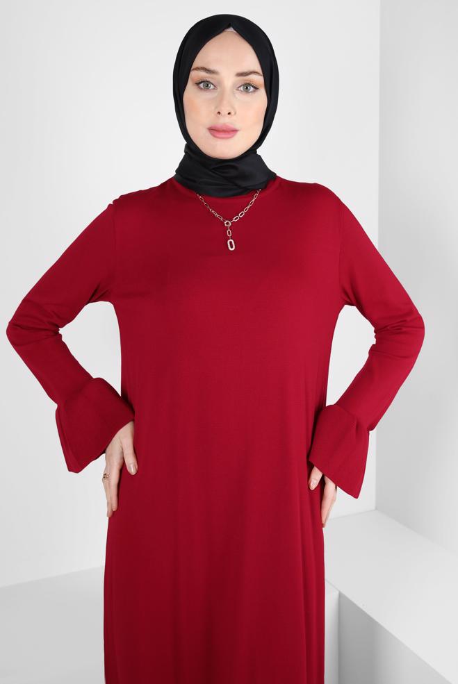 Tesettür giyim KIRMIZI VOLANLI TRİKO ELBİSE 43128 - ALVİNA
