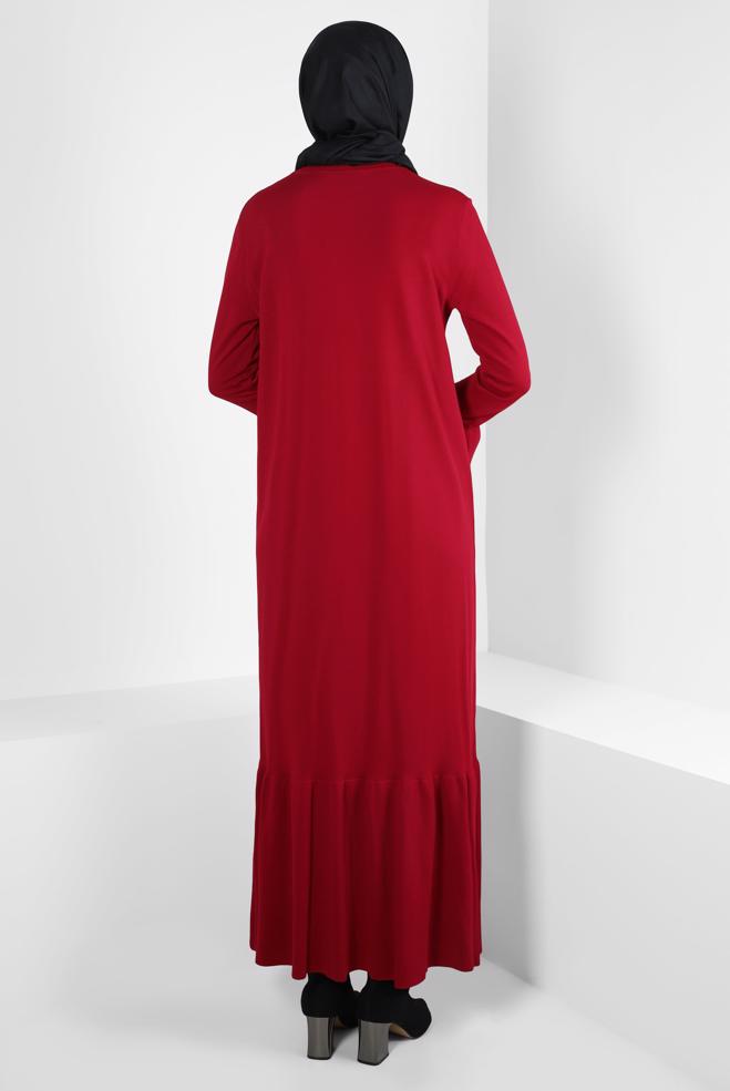 Tesettür giyim KIRMIZI VOLANLI TRİKO ELBİSE 43128 - ALVİNA