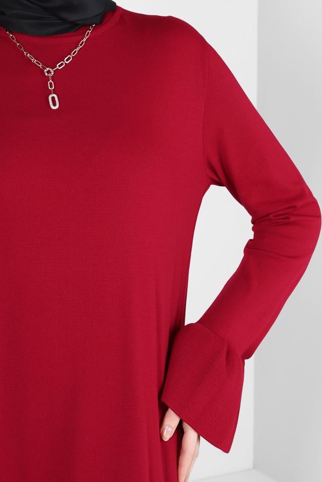 Tesettür giyim KIRMIZI VOLANLI TRİKO ELBİSE 43128 - ALVİNA