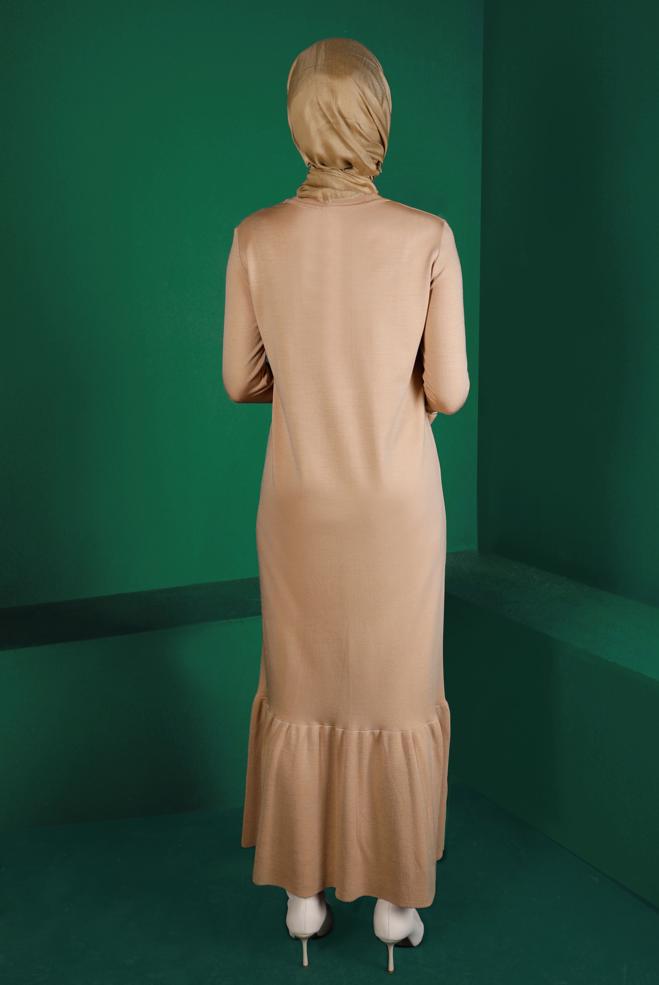 Tesettür giyim BEJ VOLANLI TRİKO ELBİSE 43128 - ALVİNA