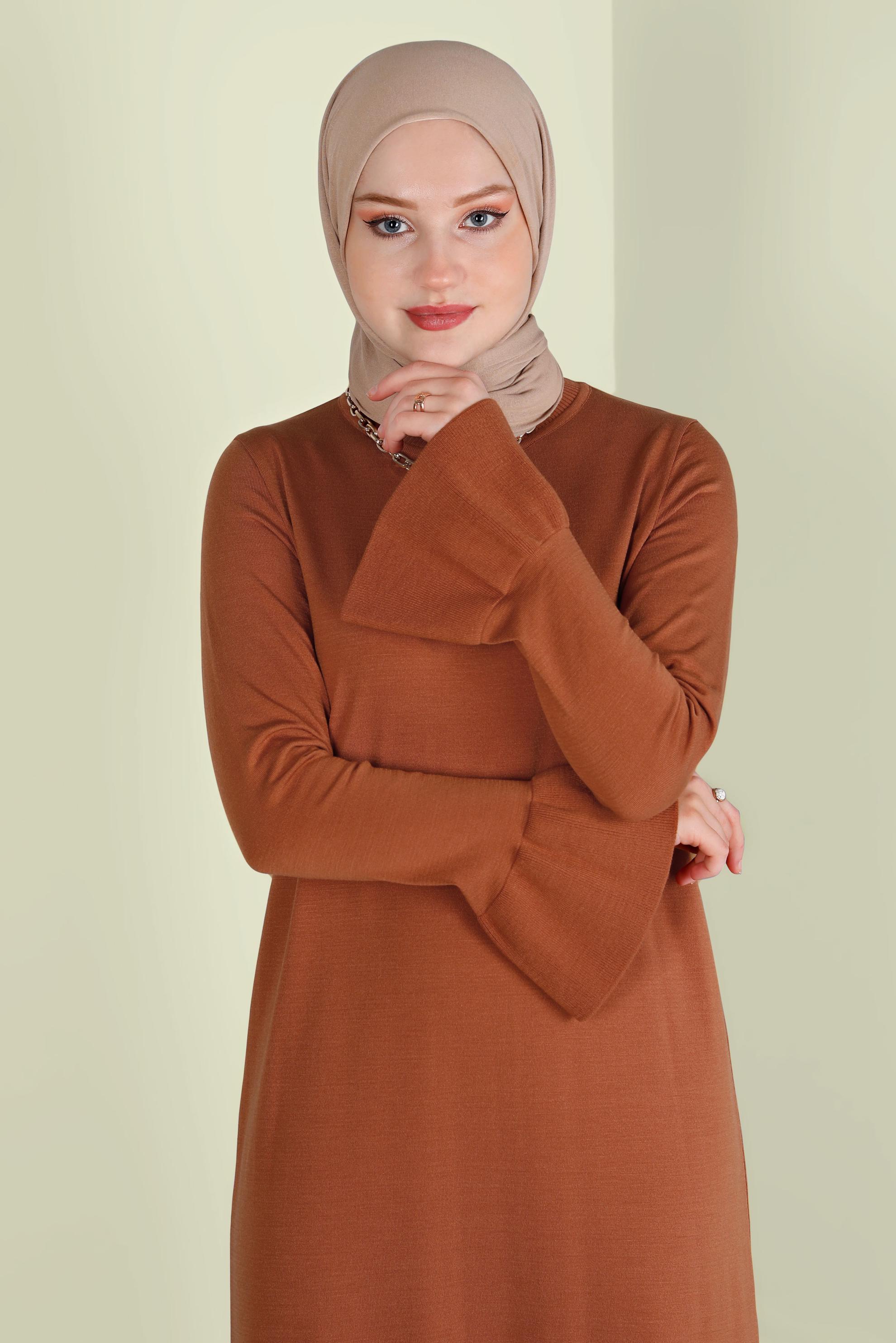 Tesettür giyim TURUNCU VOLANLI TRİKO ELBİSE 43128