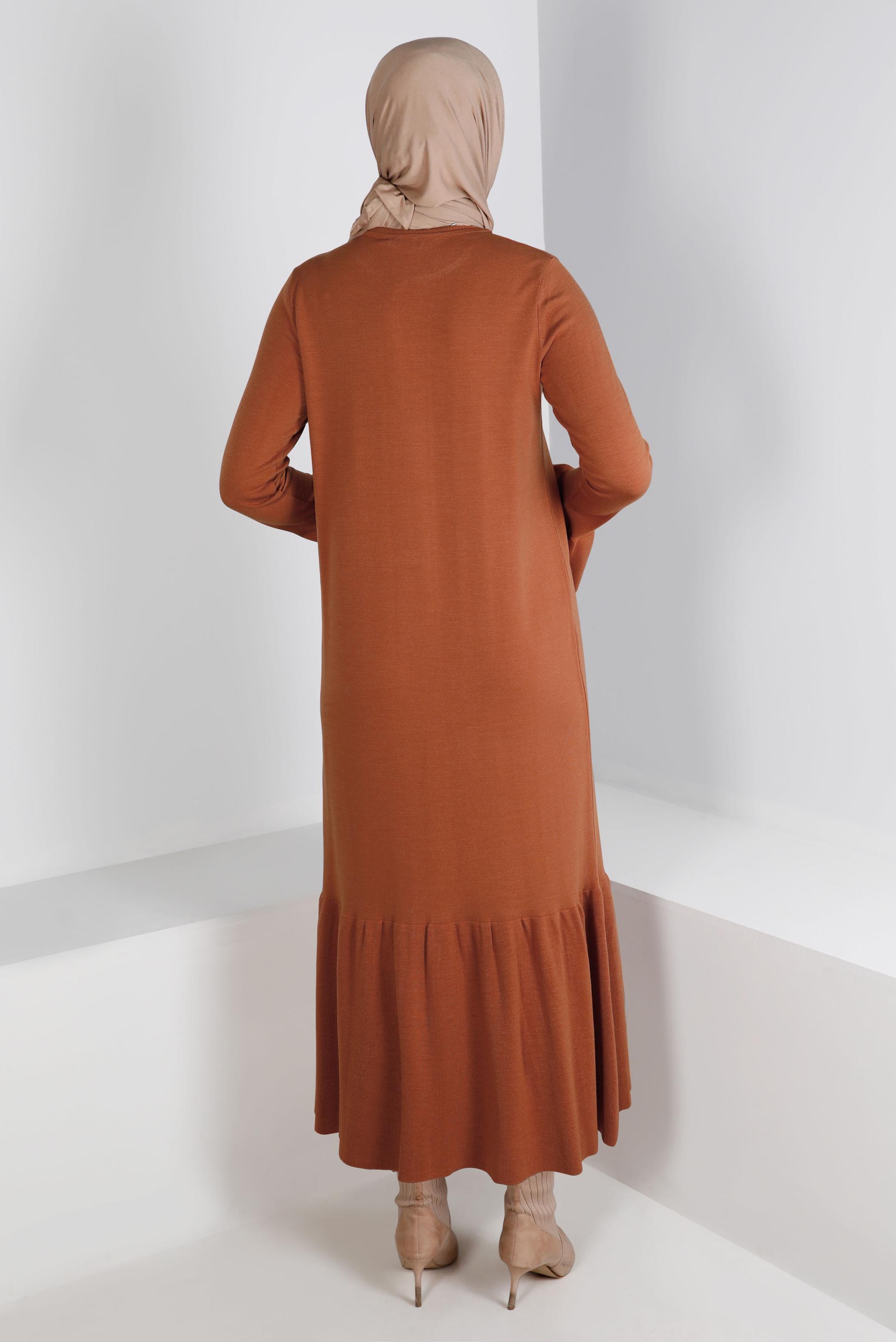 Tesettür giyim TURUNCU VOLANLI TRİKO ELBİSE 43128