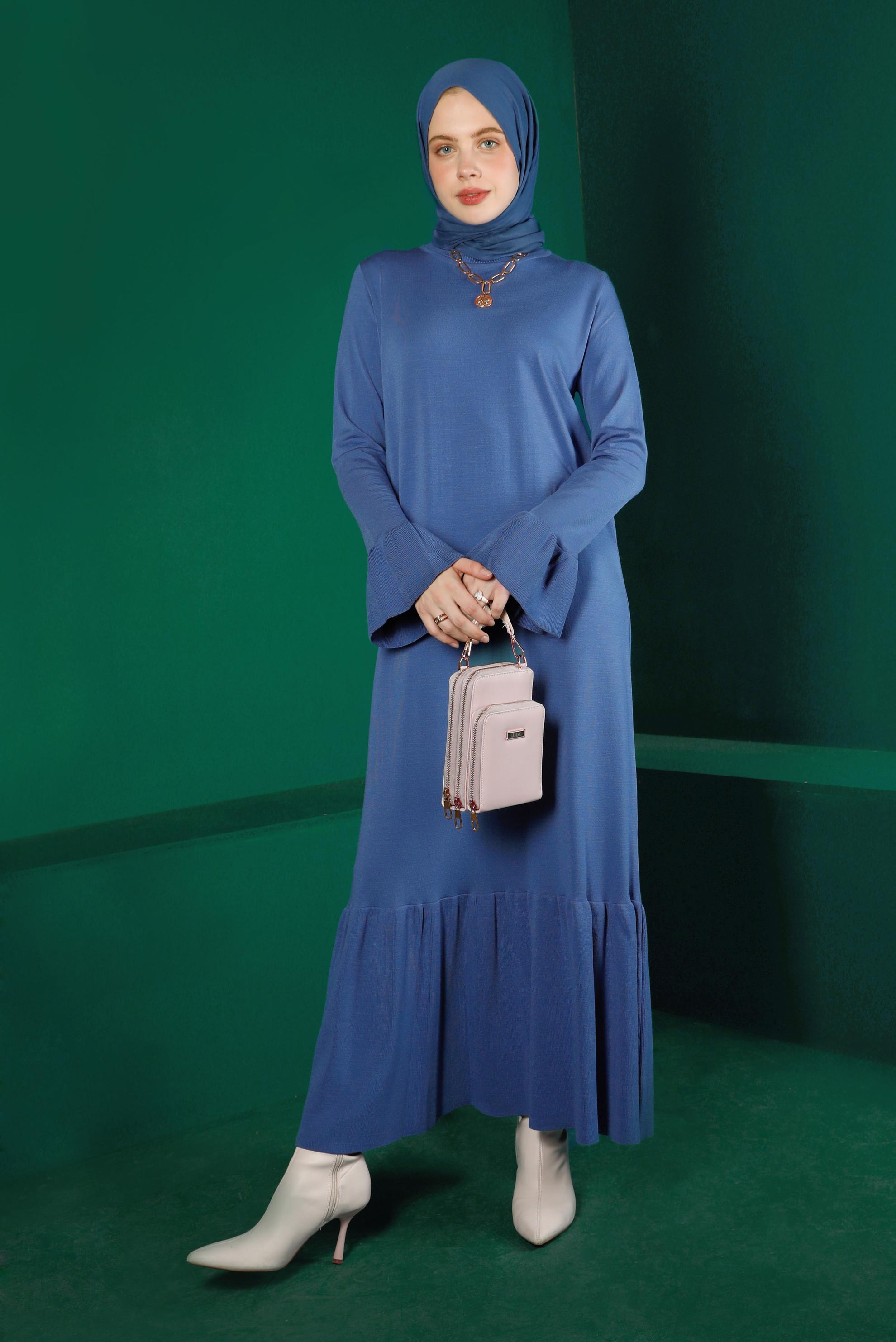 Tesettür giyim MAVİ VOLANLI TRİKO ELBİSE 43128