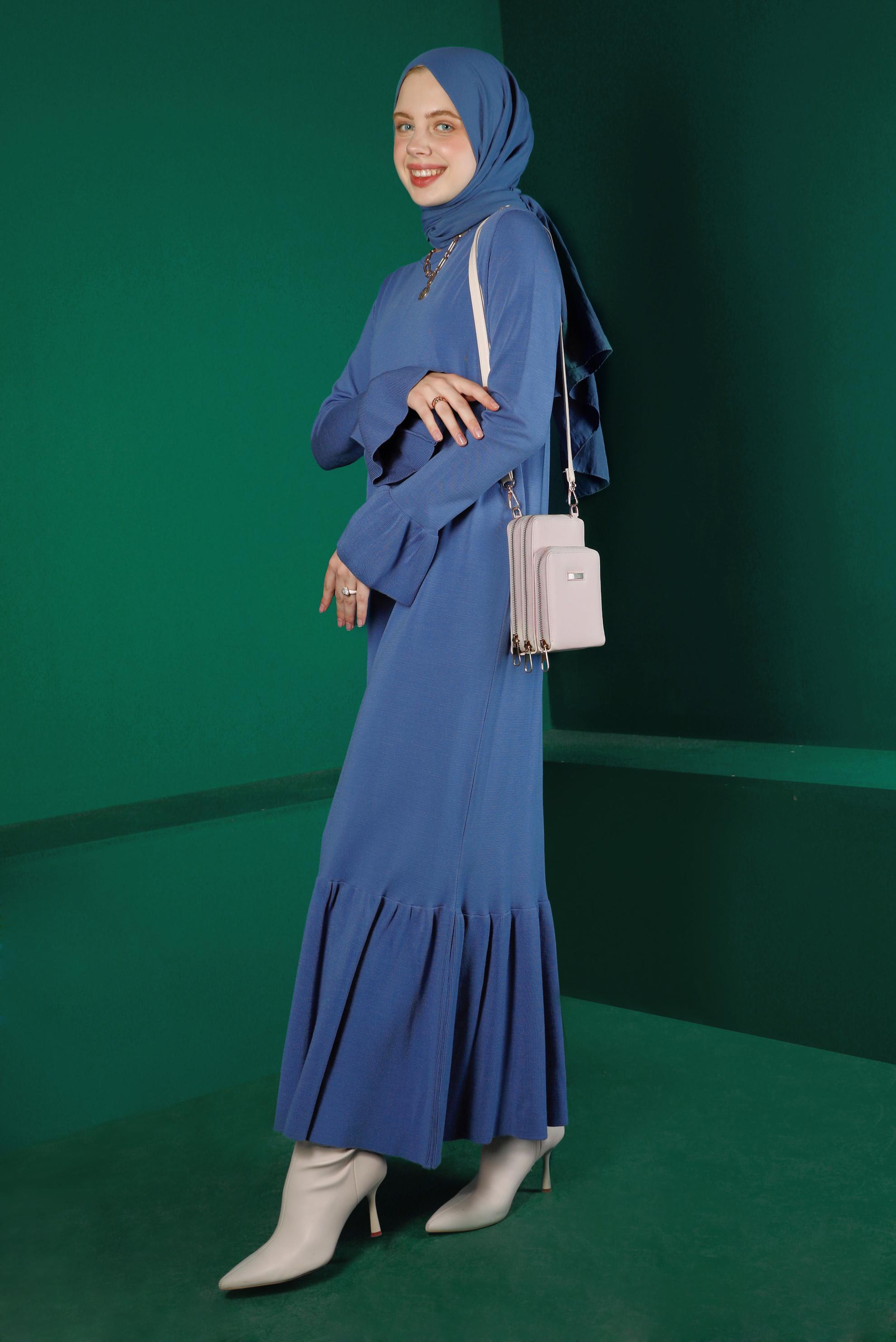 Tesettür giyim MAVİ VOLANLI TRİKO ELBİSE 43128