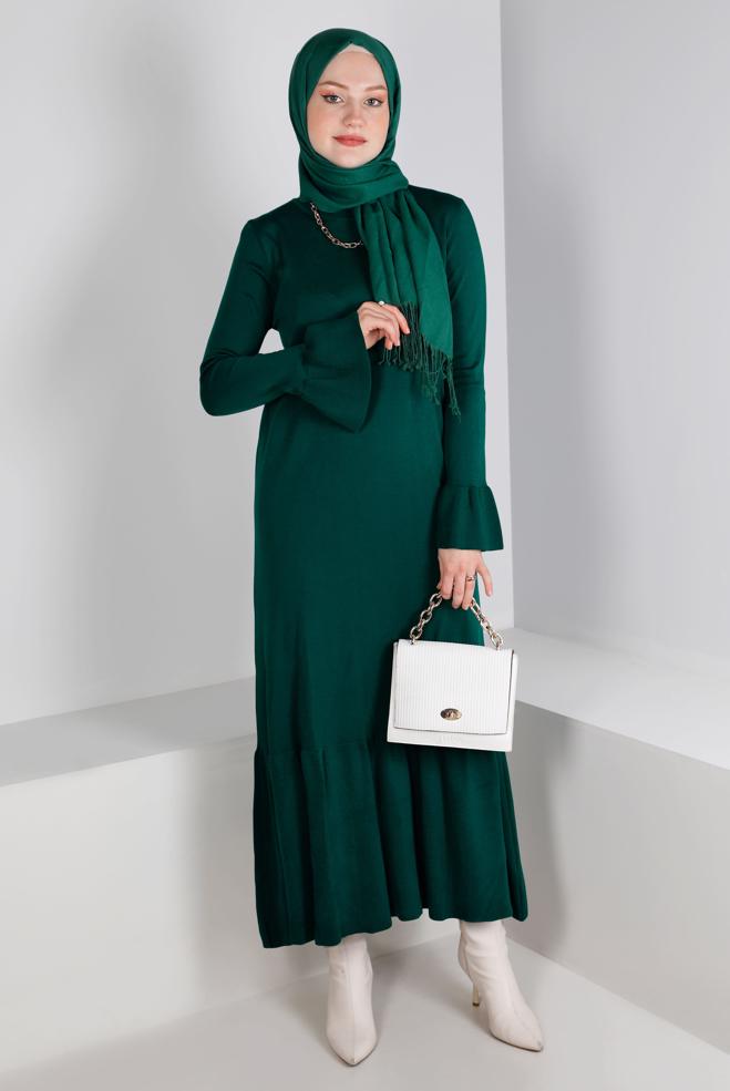 Tesettür giyim YEŞİL VOLANLI TRİKO ELBİSE 43128 - ALVİNA