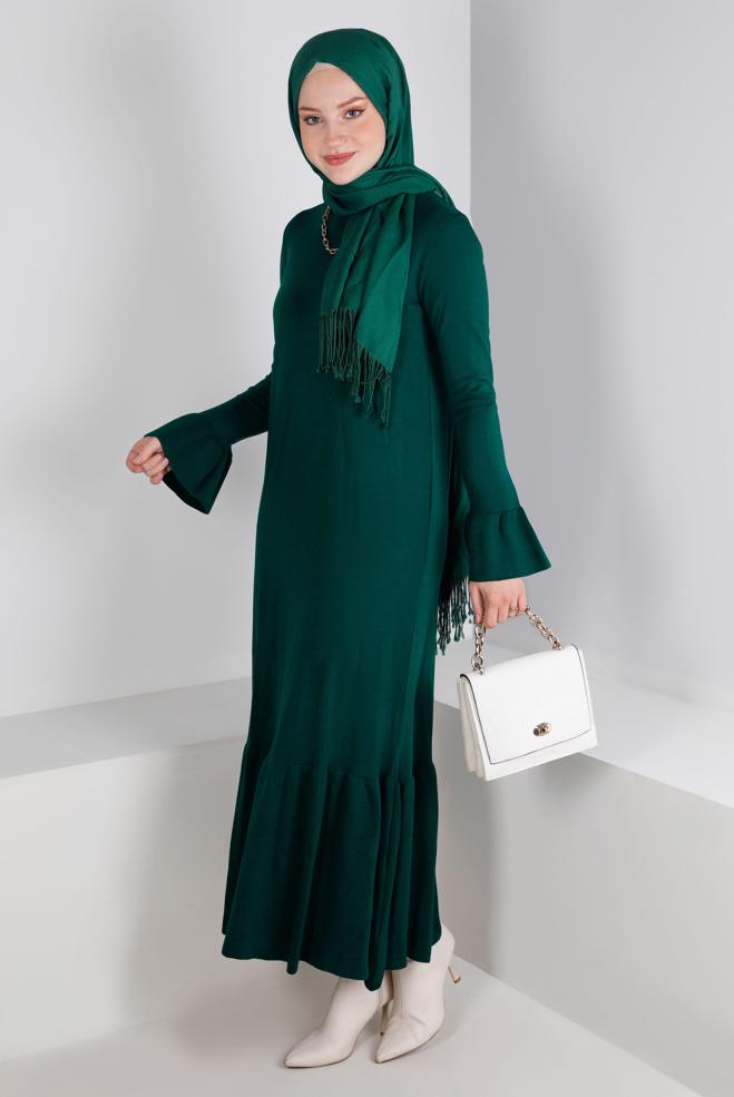 Tesettür giyim YEŞİL VOLANLI TRİKO ELBİSE 43128 - ALVİNA