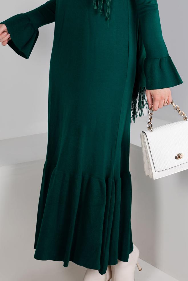 Tesettür giyim YEŞİL VOLANLI TRİKO ELBİSE 43128 - ALVİNA