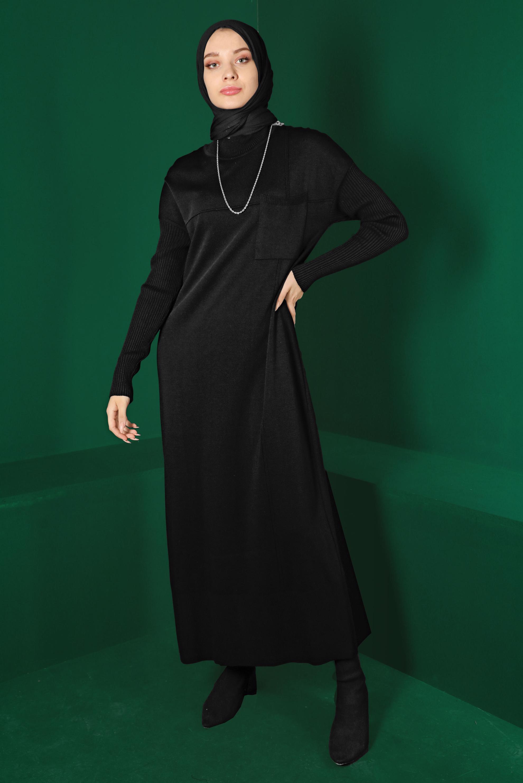 Tesettür giyim SİYAH CEP DETAYLI BASIC TRİKO ELBİSE 43129