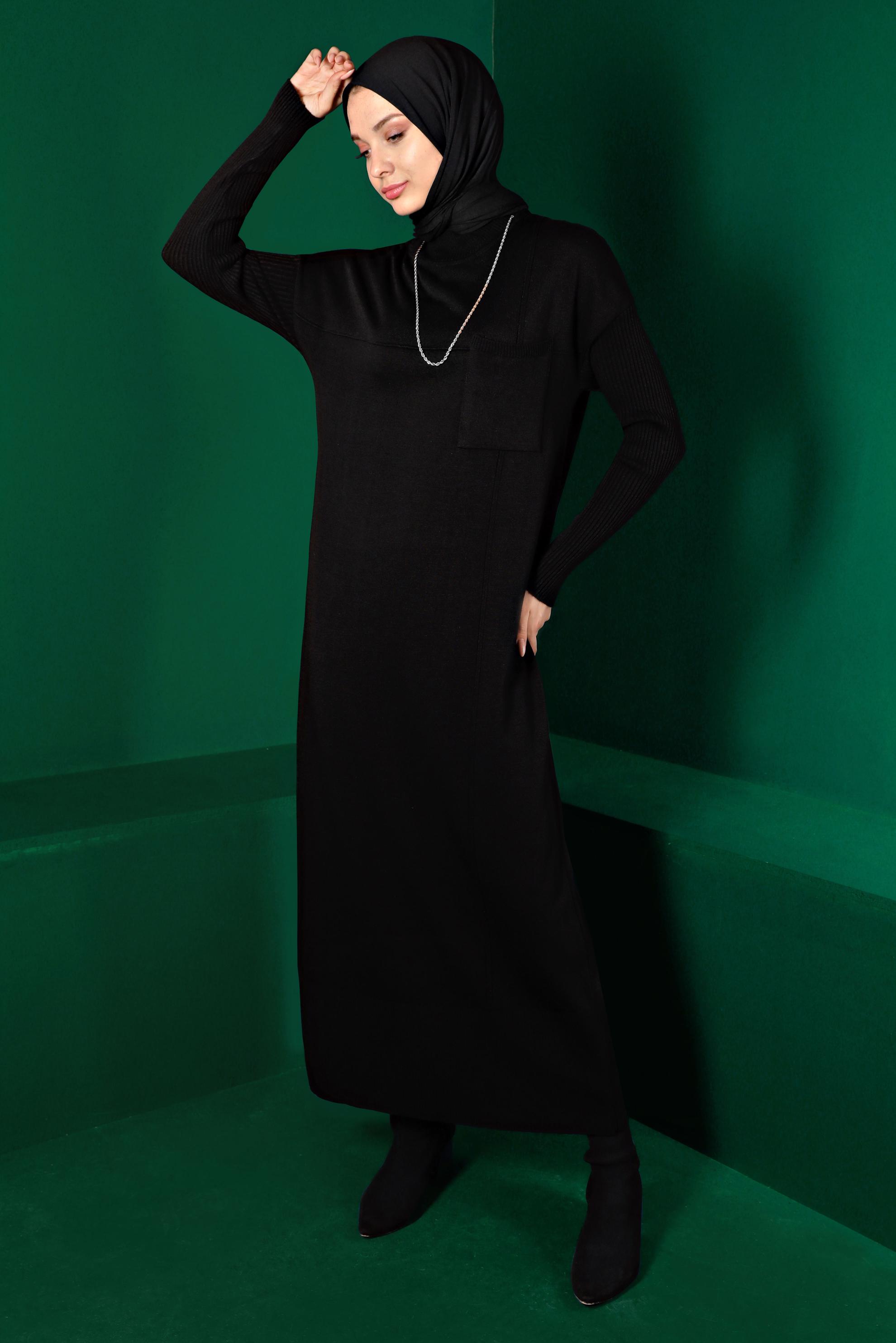 Tesettür giyim SİYAH CEP DETAYLI BASIC TRİKO ELBİSE 43129