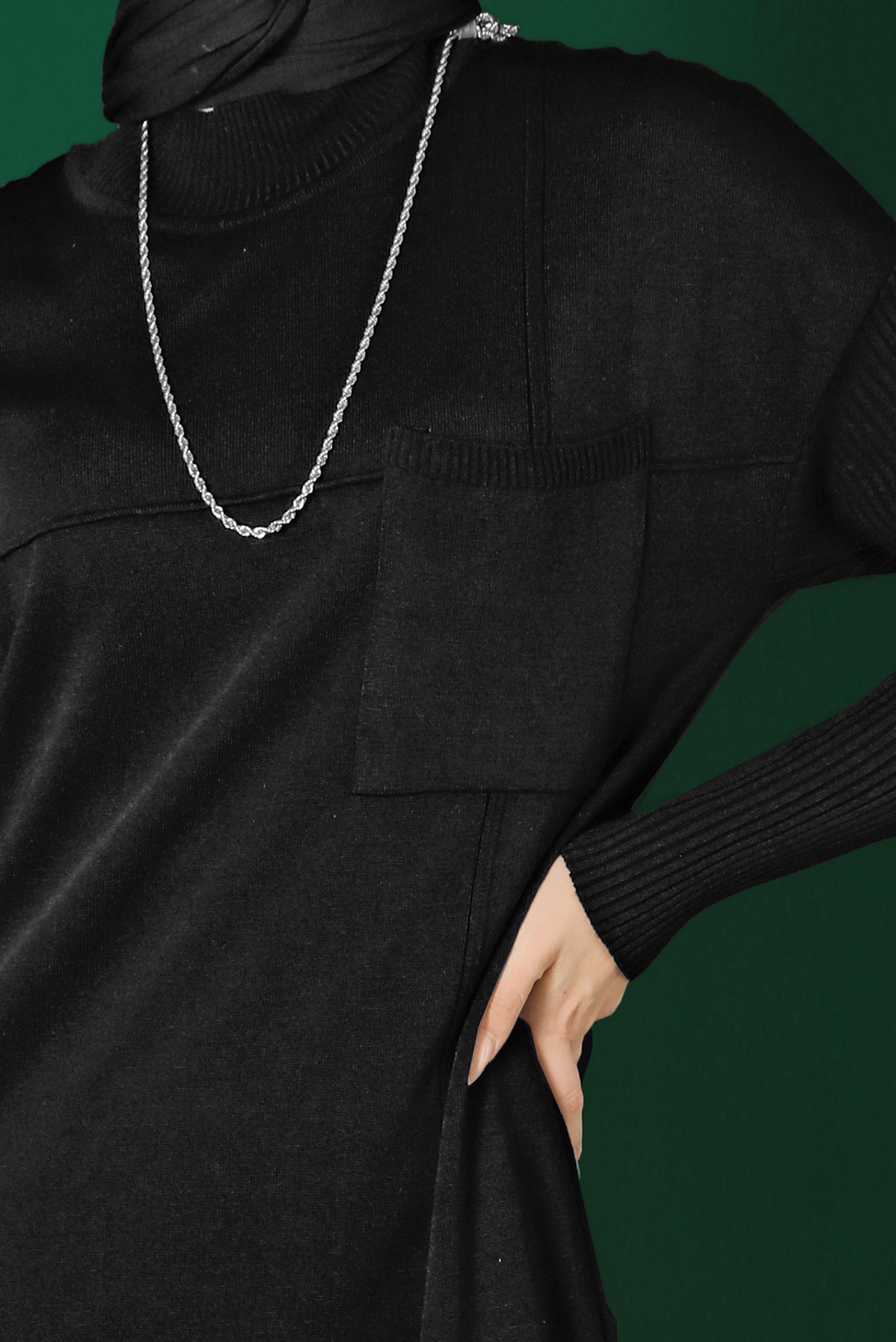 Tesettür giyim SİYAH CEP DETAYLI BASIC TRİKO ELBİSE 43129