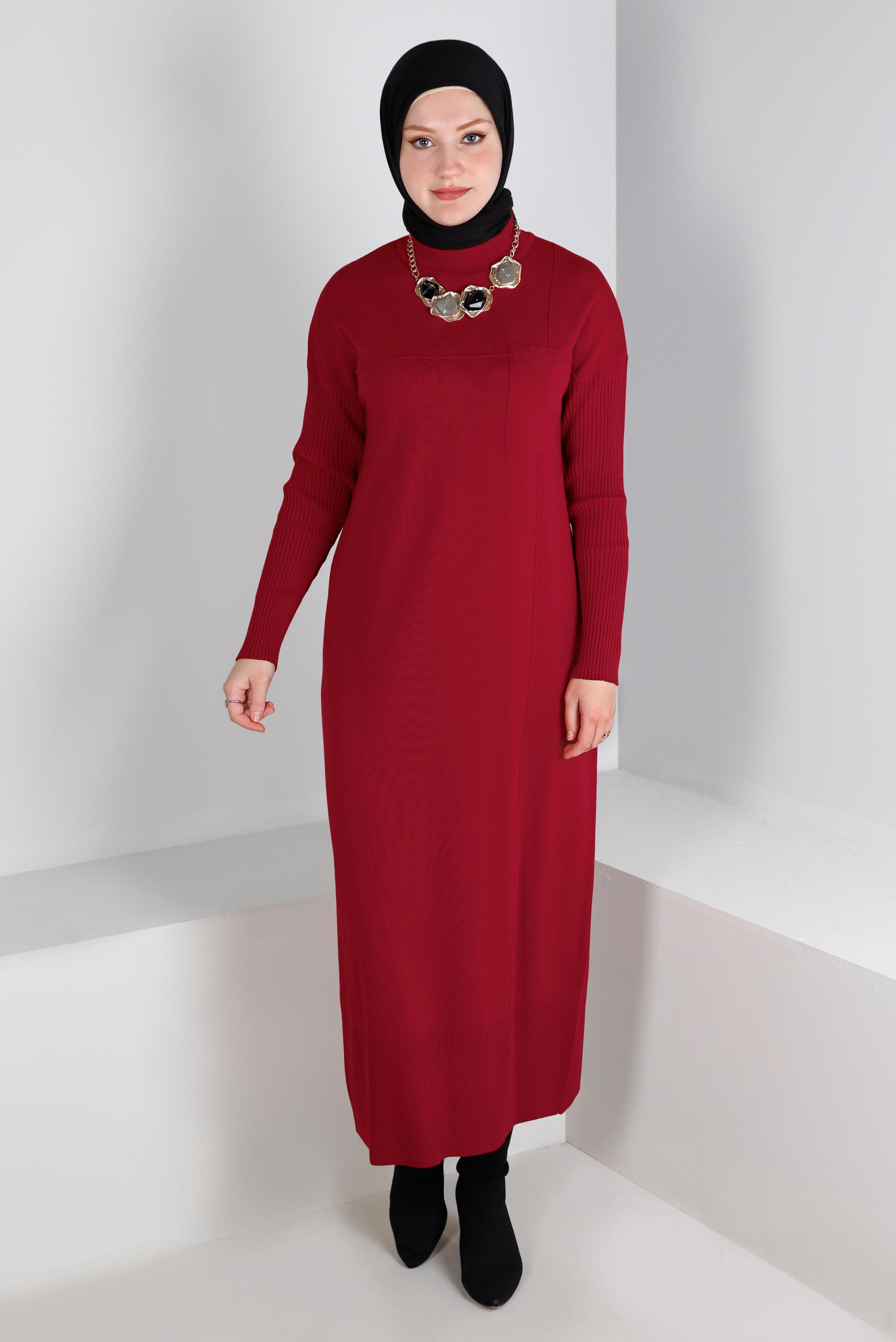 Tesettür giyim KIRMIZI CEP DETAYLI BASIC TRİKO ELBİSE 43129