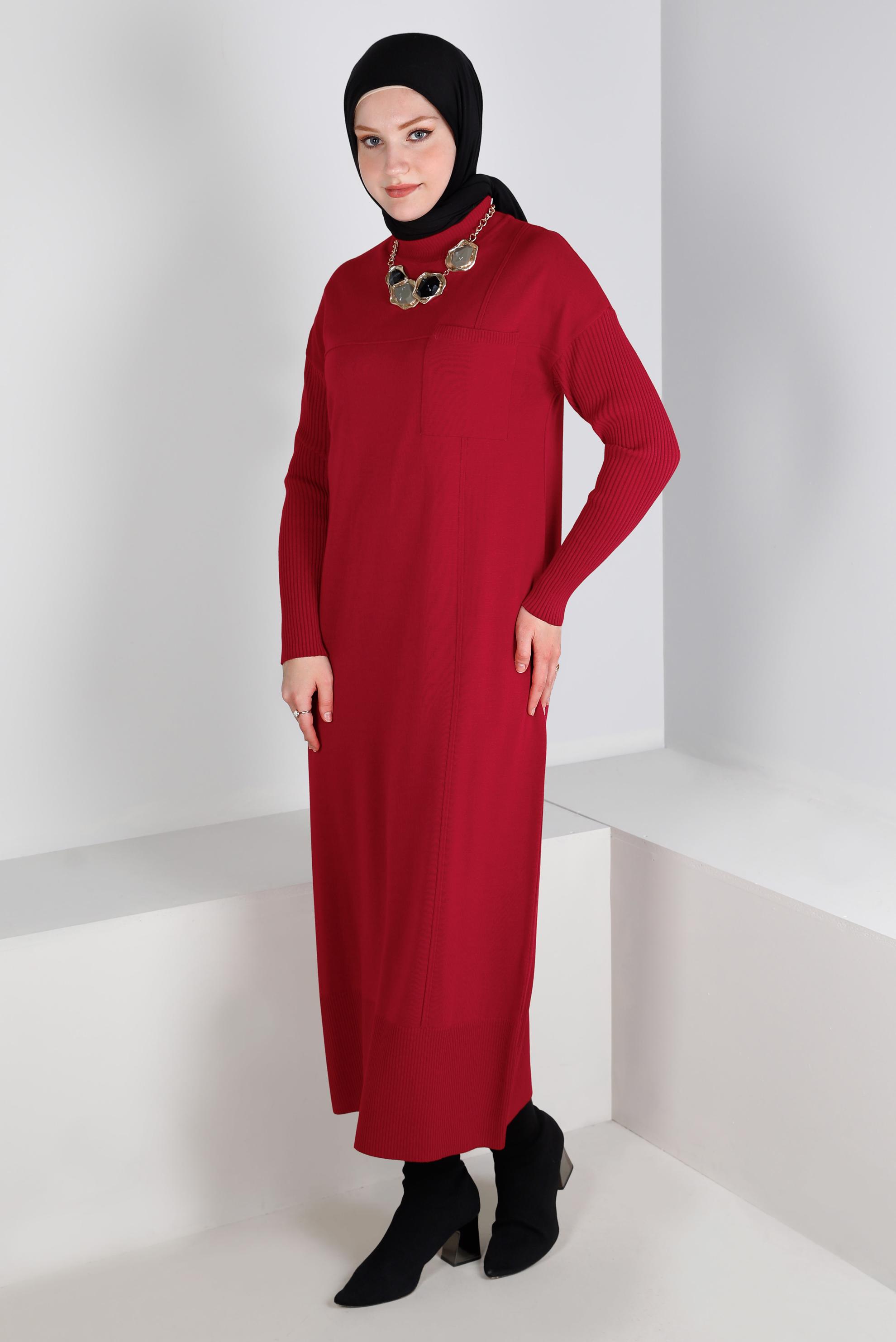 Tesettür giyim KIRMIZI CEP DETAYLI BASIC TRİKO ELBİSE 43129