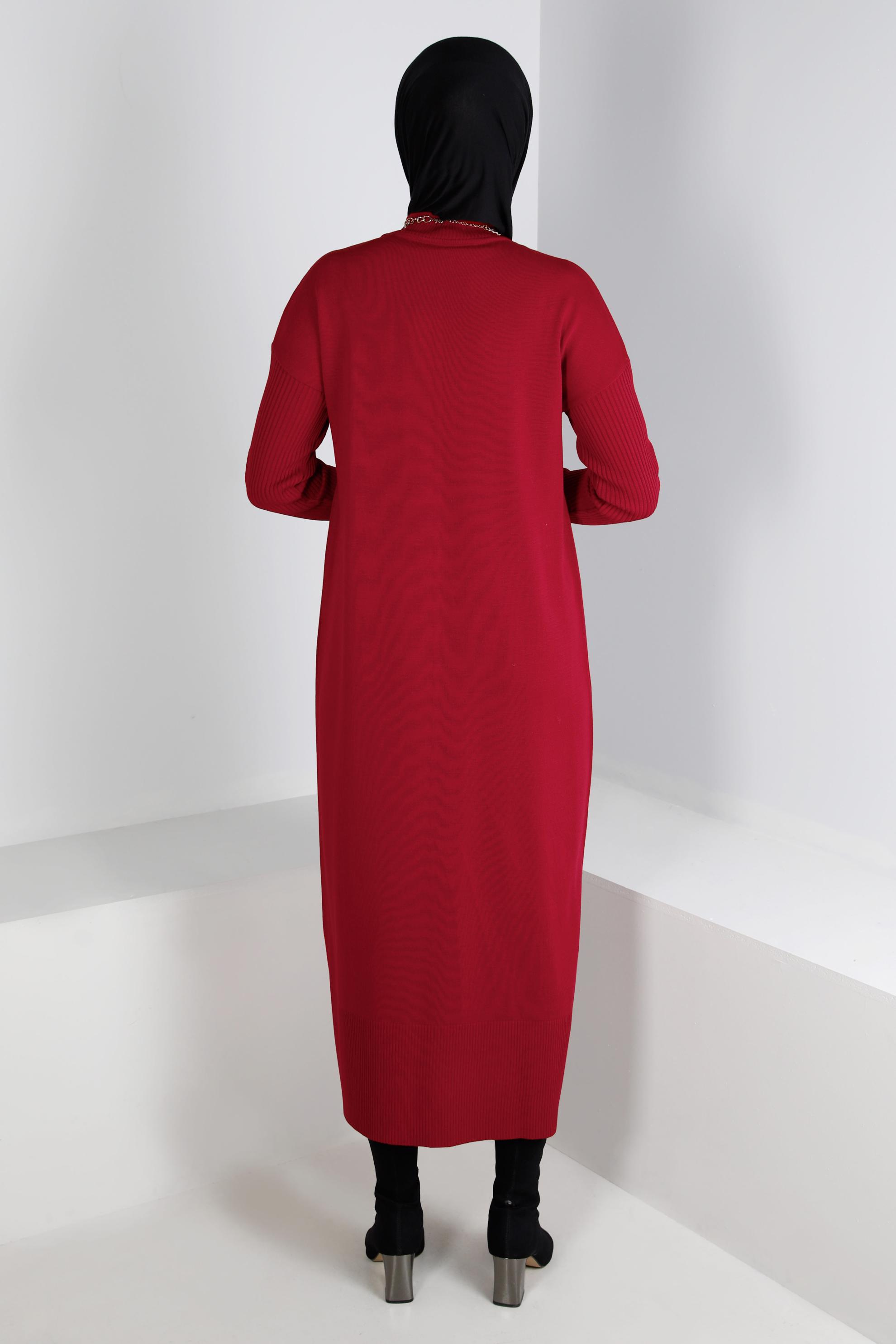 Tesettür giyim KIRMIZI CEP DETAYLI BASIC TRİKO ELBİSE 43129