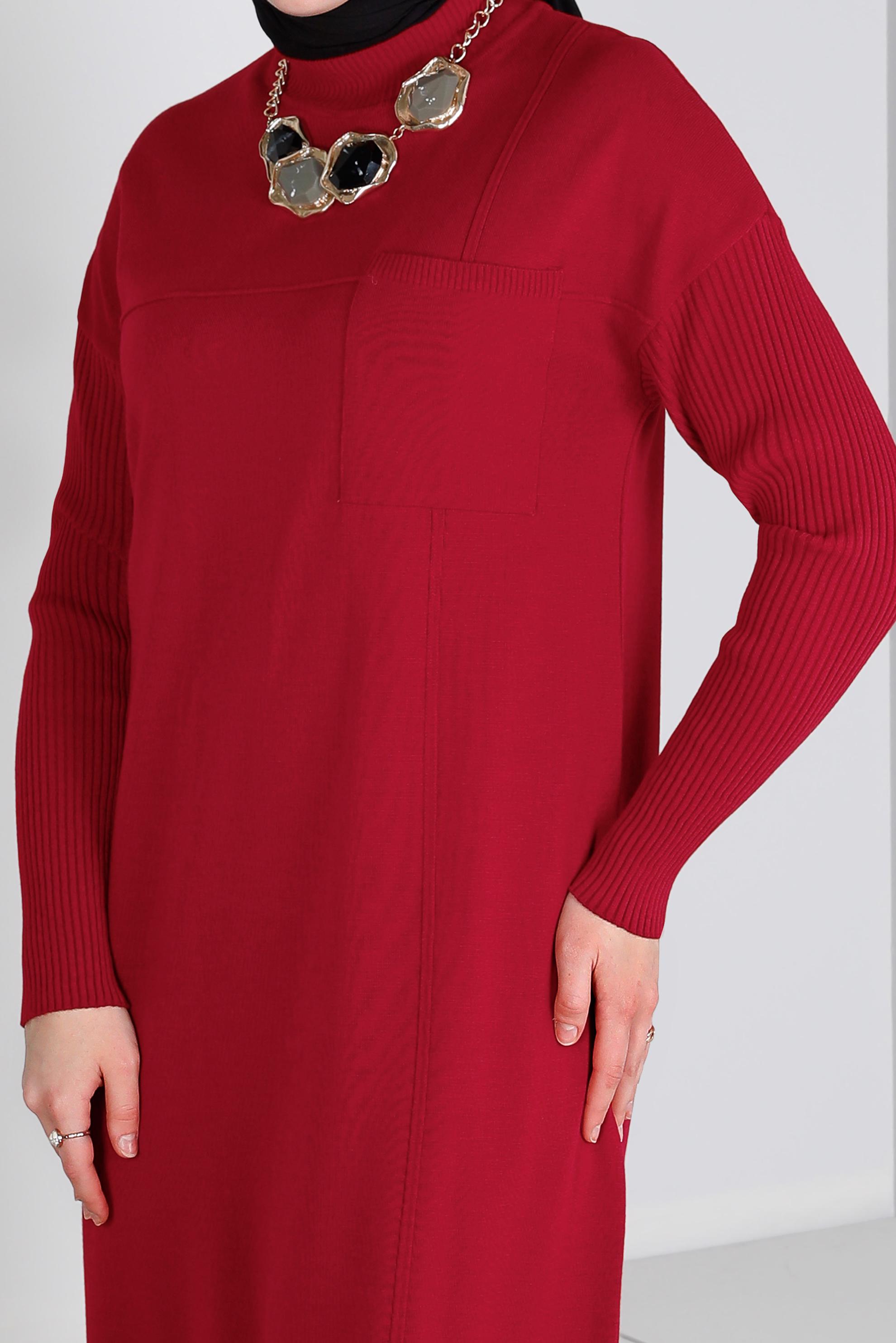 Tesettür giyim KIRMIZI CEP DETAYLI BASIC TRİKO ELBİSE 43129