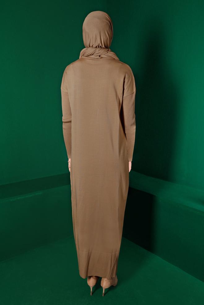 Tesettür giyim BEJ CEP DETAYLI BASIC TRİKO ELBİSE 43129 - ALVİNA