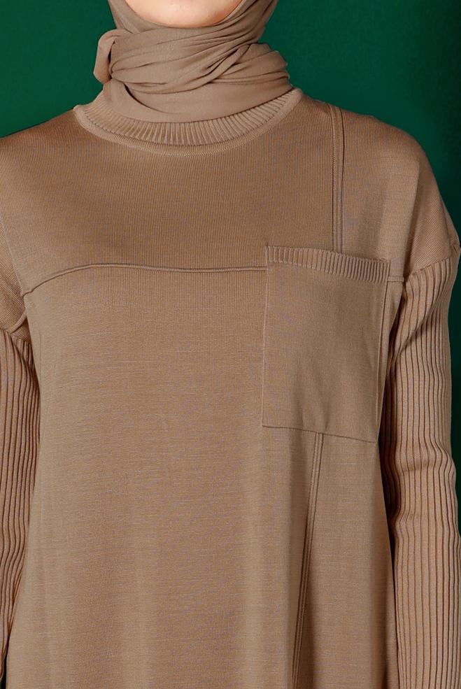 Tesettür giyim BEJ CEP DETAYLI BASIC TRİKO ELBİSE 43129 - ALVİNA