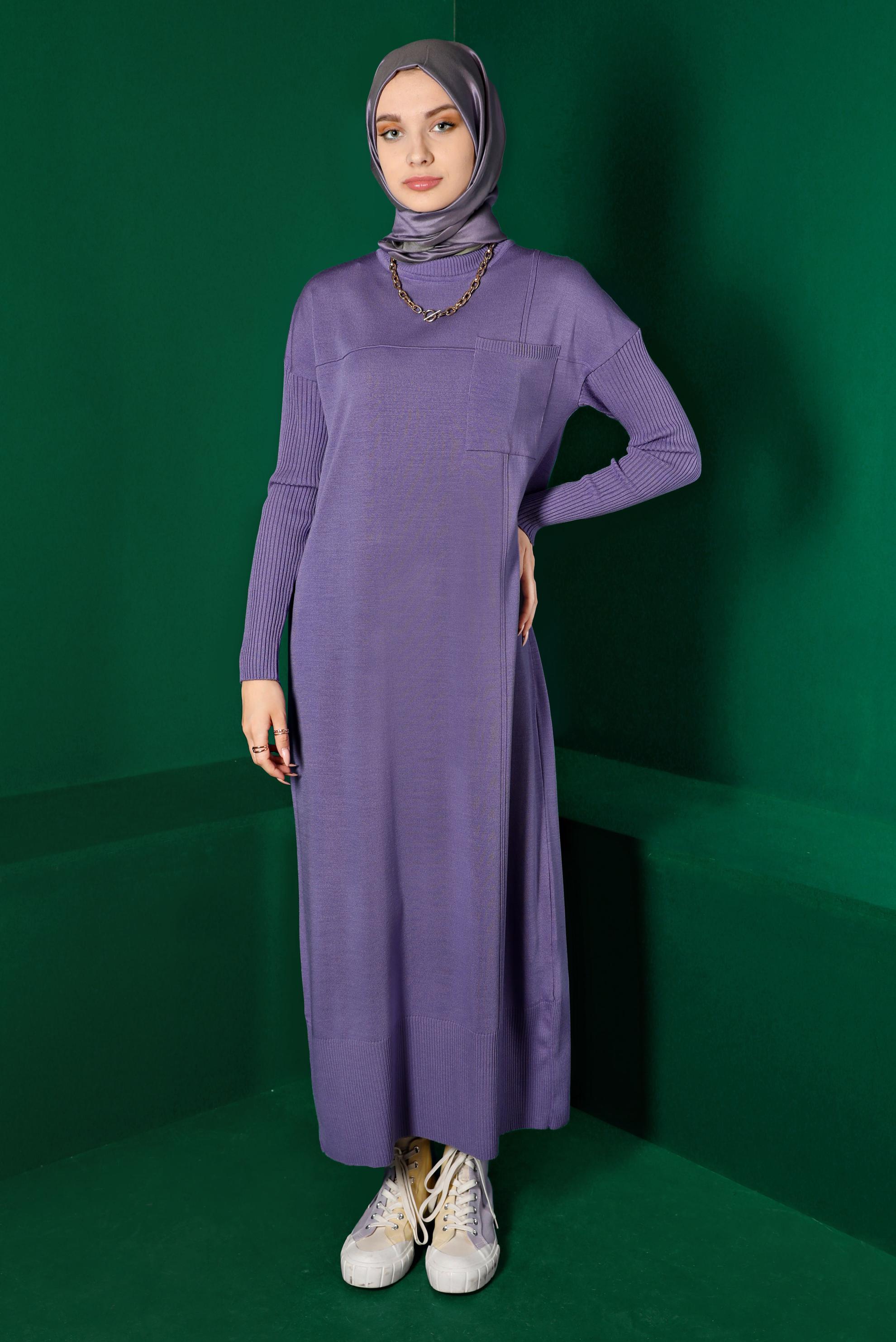 Tesettür giyim MOR CEP DETAYLI BASIC TRİKO ELBİSE 43129
