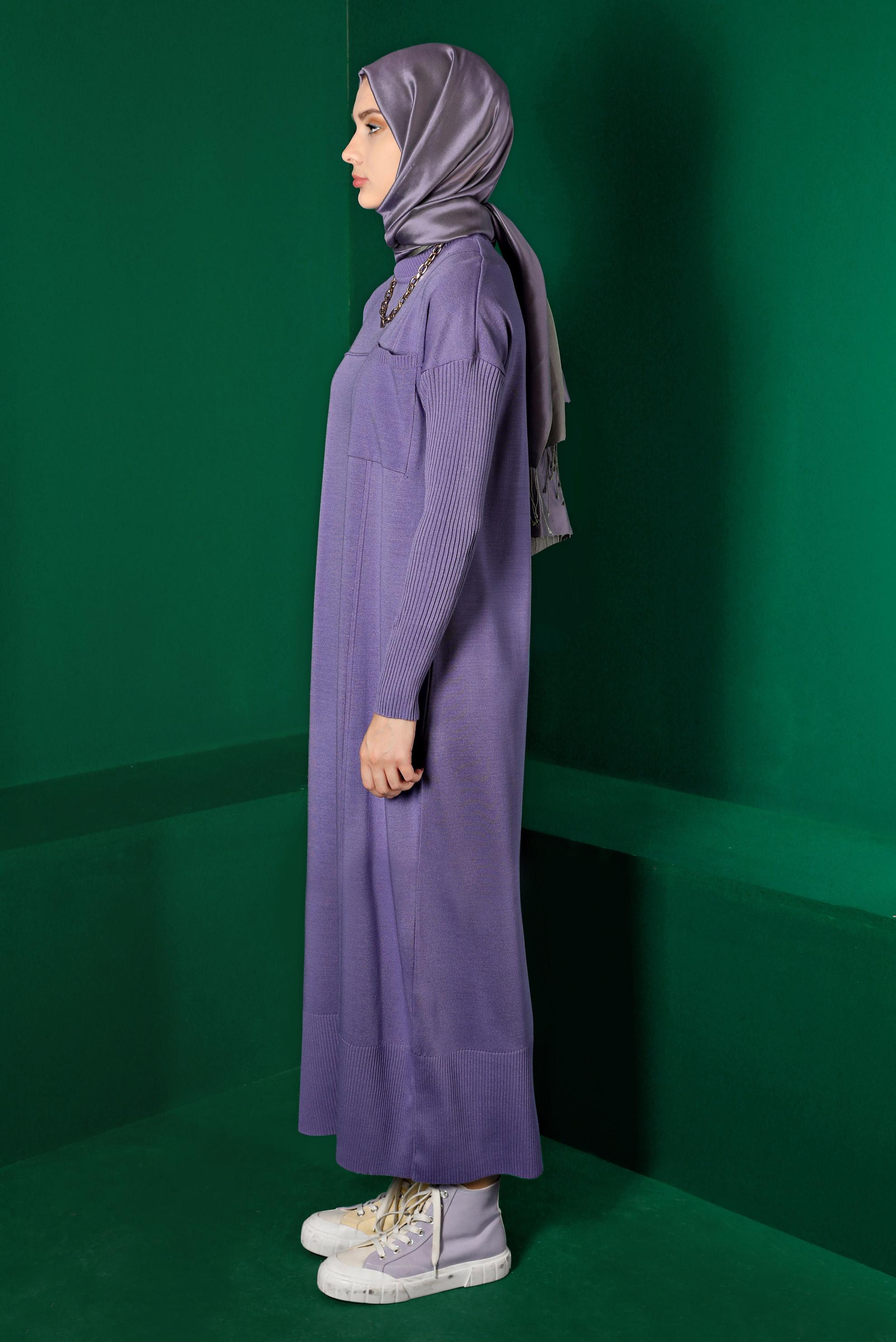 Tesettür giyim MOR CEP DETAYLI BASIC TRİKO ELBİSE 43129