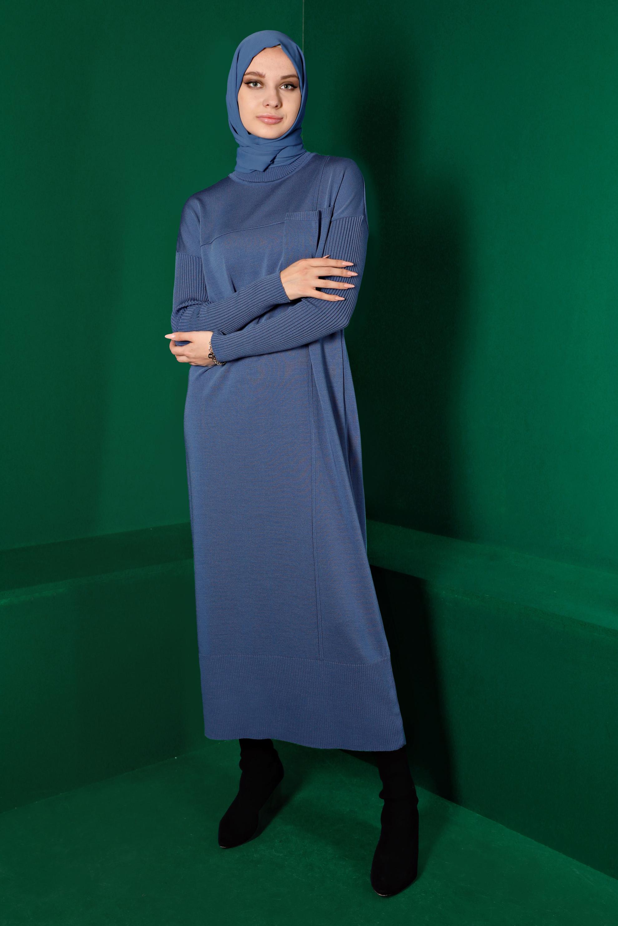 Tesettür giyim MAVİ CEP DETAYLI BASIC TRİKO ELBİSE 43129