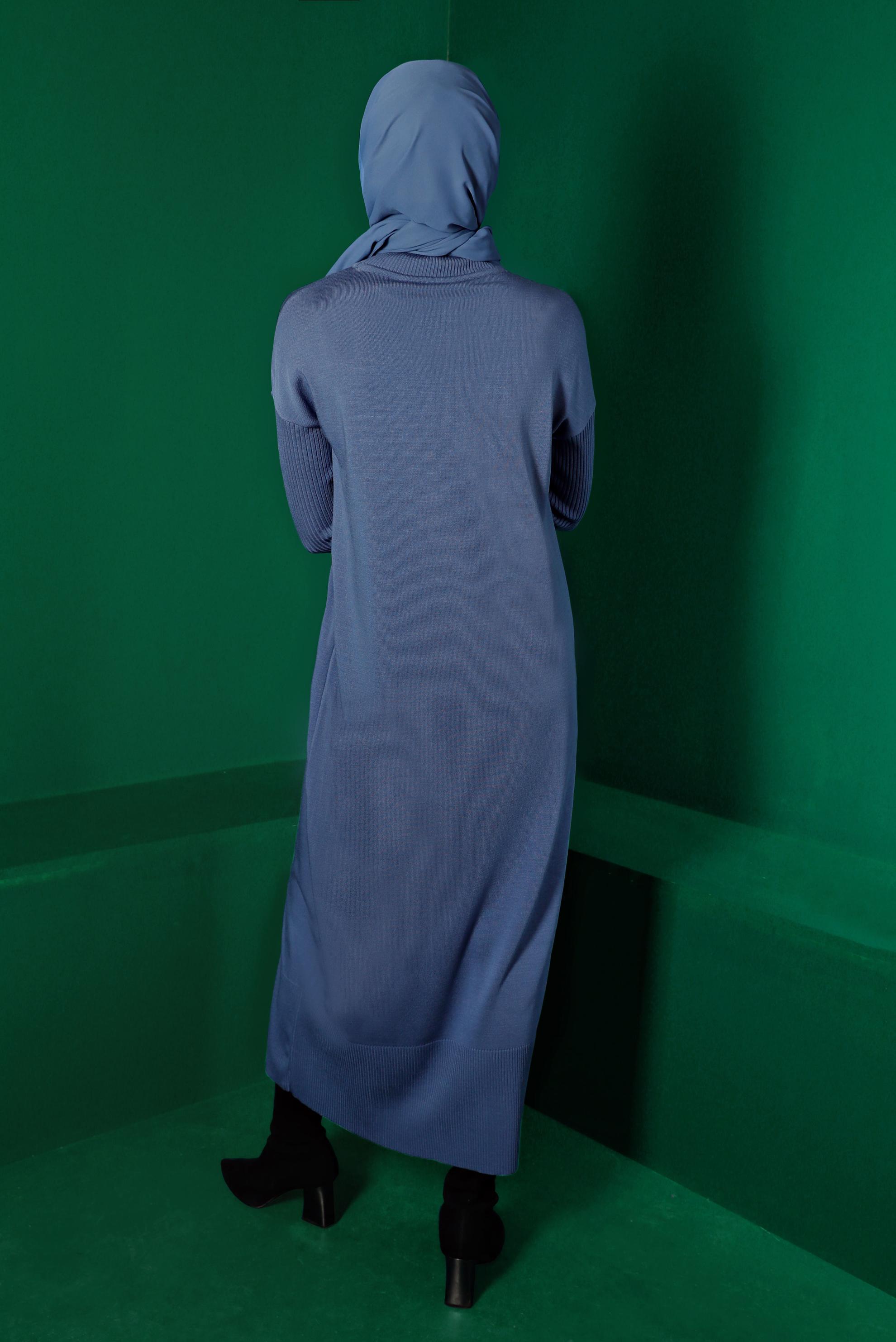 Tesettür giyim MAVİ CEP DETAYLI BASIC TRİKO ELBİSE 43129