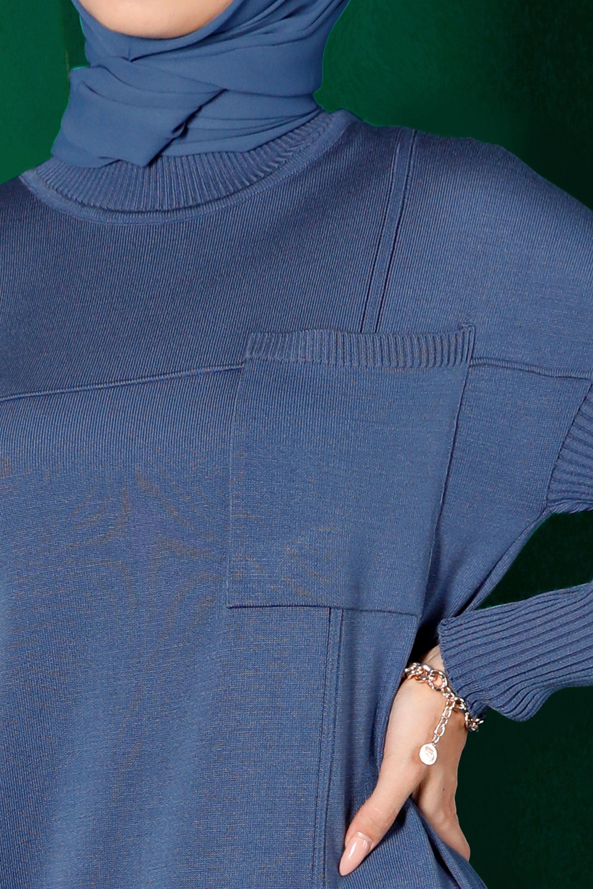 Tesettür giyim MAVİ CEP DETAYLI BASIC TRİKO ELBİSE 43129