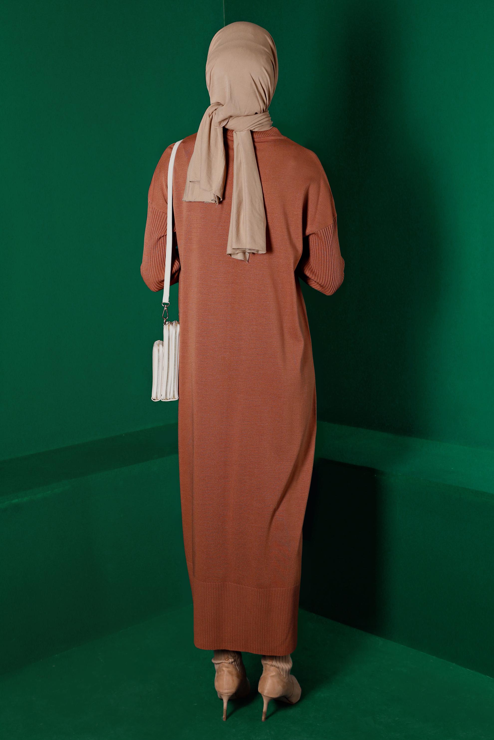 Tesettür giyim KAHVE CEP DETAYLI BASIC TRİKO ELBİSE 43129