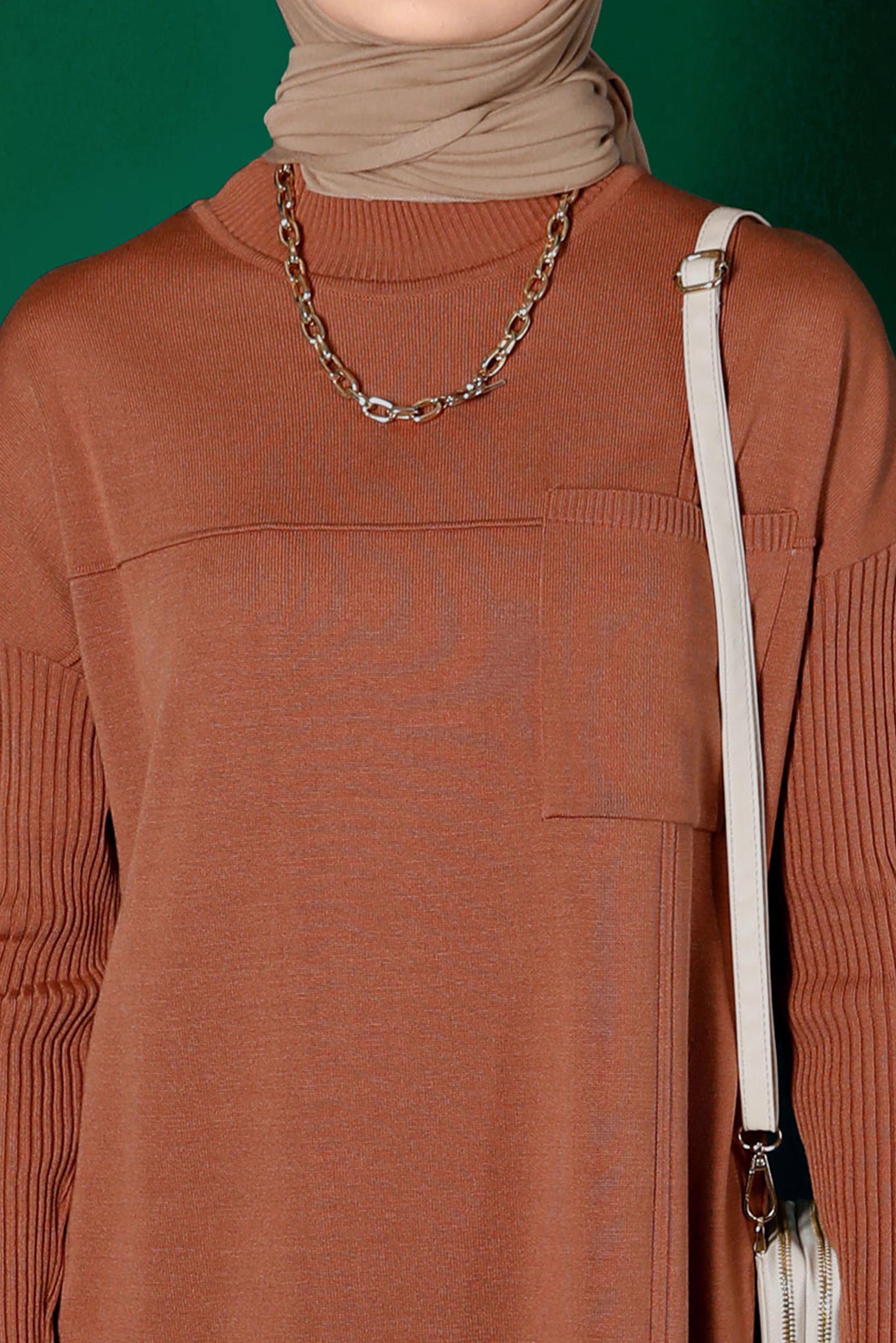 Tesettür giyim KAHVE CEP DETAYLI BASIC TRİKO ELBİSE 43129