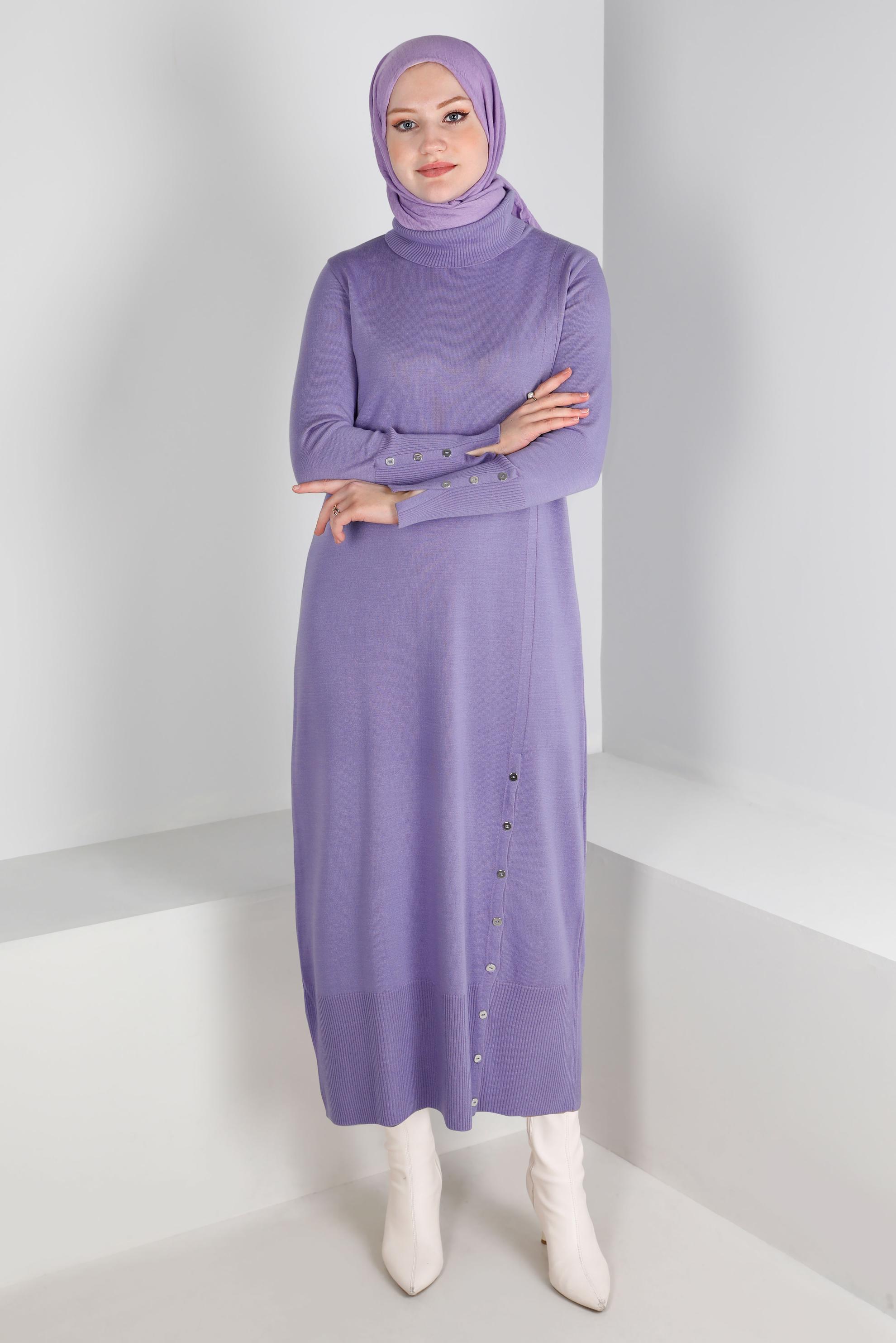 Tesettür giyim MOR ETEK UCU VE MANŞETLERİ DÜĞMELİ TRİKO ELBİSE 43130