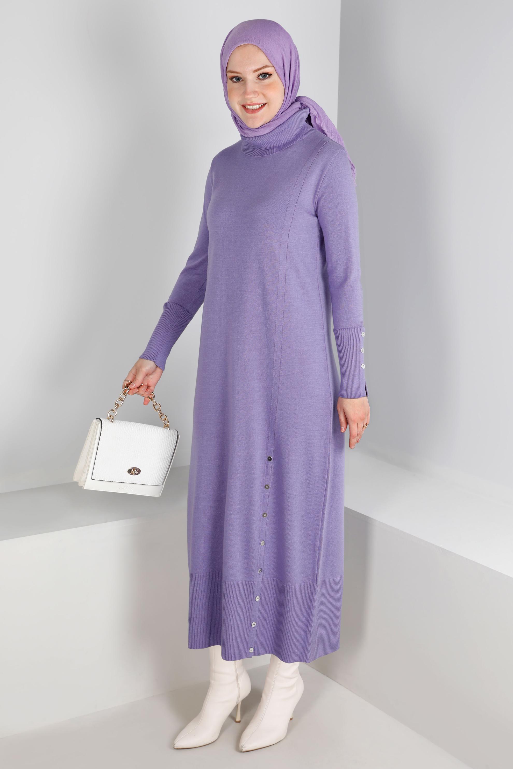 Tesettür giyim MOR ETEK UCU VE MANŞETLERİ DÜĞMELİ TRİKO ELBİSE 43130
