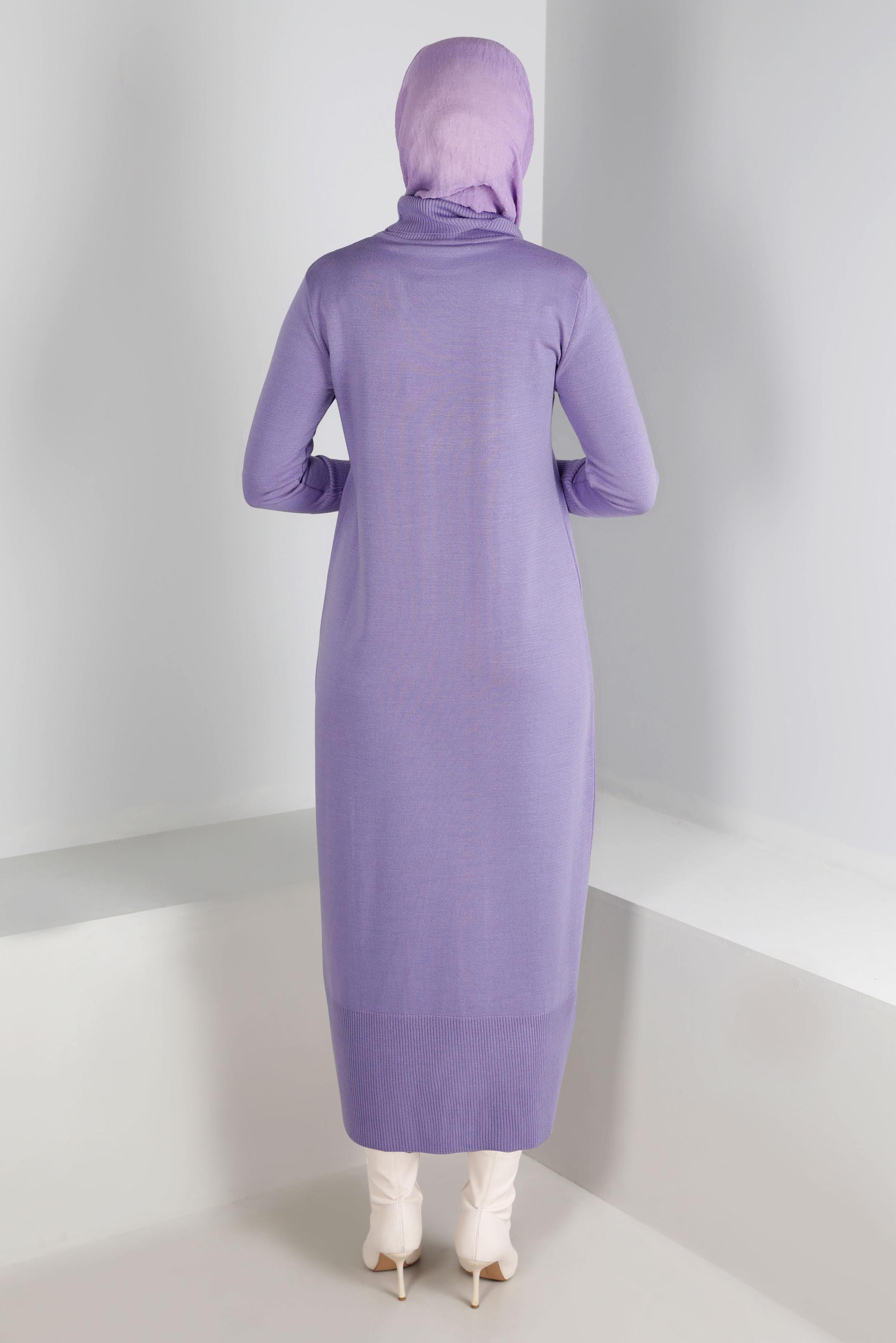 Tesettür giyim MOR ETEK UCU VE MANŞETLERİ DÜĞMELİ TRİKO ELBİSE 43130