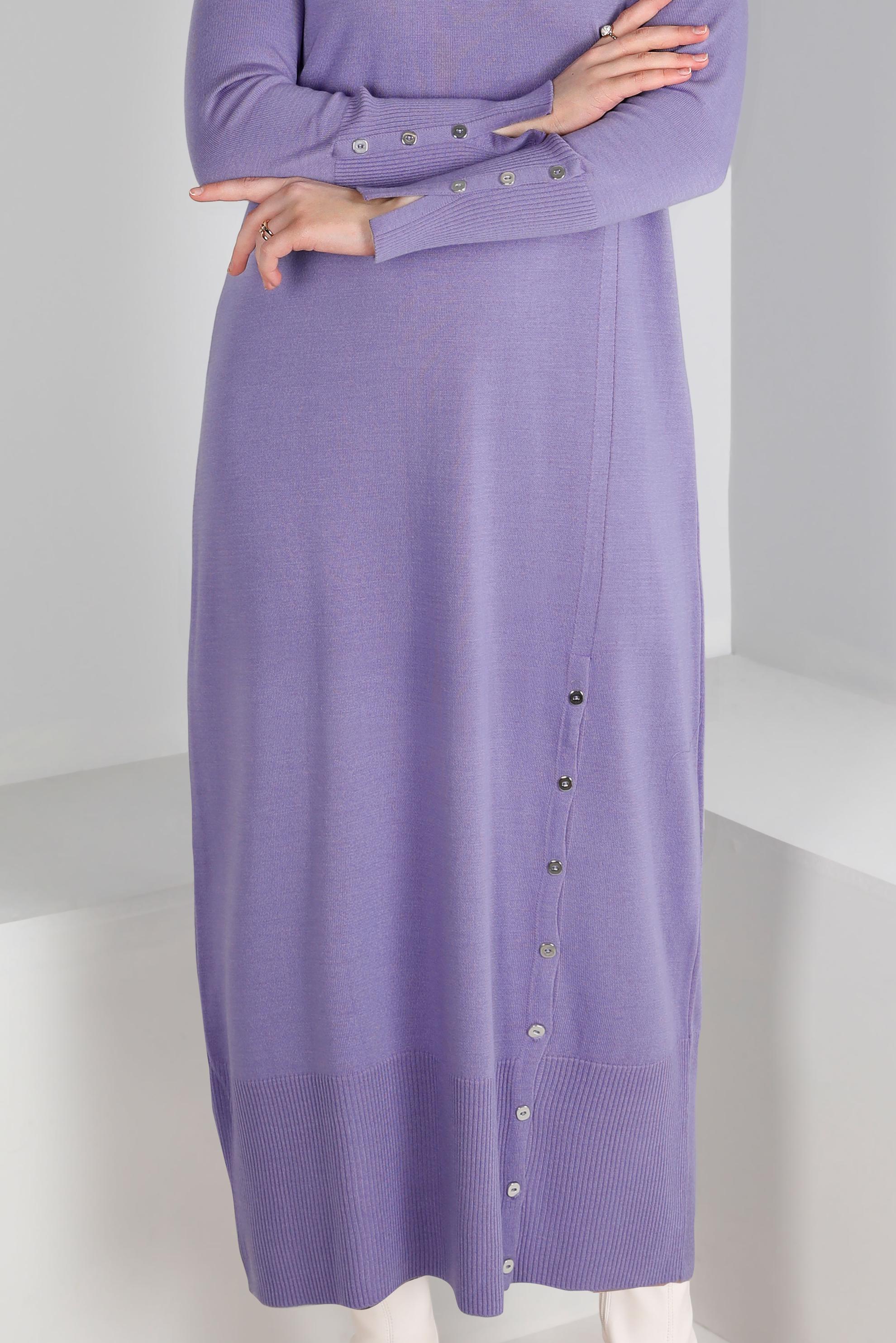 Tesettür giyim MOR ETEK UCU VE MANŞETLERİ DÜĞMELİ TRİKO ELBİSE 43130