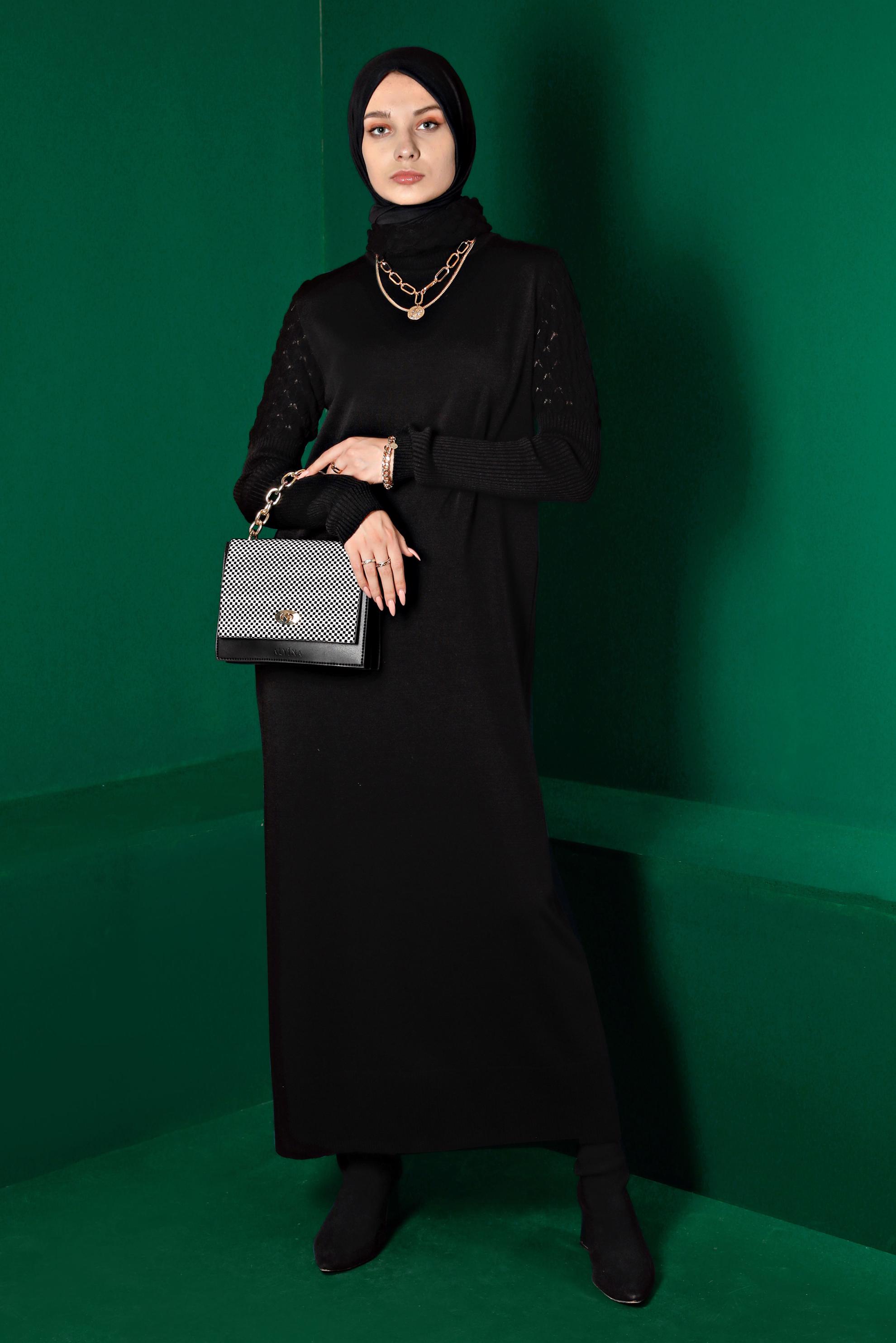 Tesettür giyim SİYAH BOĞAZLI BASIC TRİKO ELBİSE 43131