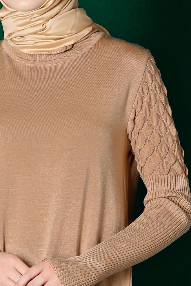 Tesettür giyim BEJ BOĞAZLI BASIC TRİKO ELBİSE 43131 - ALVİNA