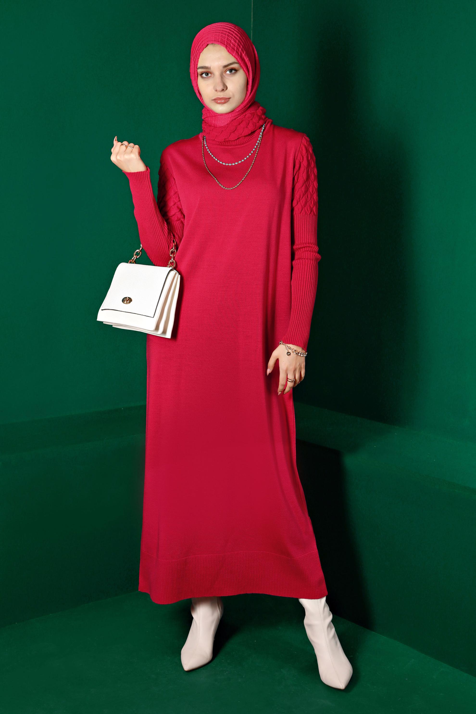 Tesettür giyim FUŞYA BOĞAZLI BASIC TRİKO ELBİSE 43131