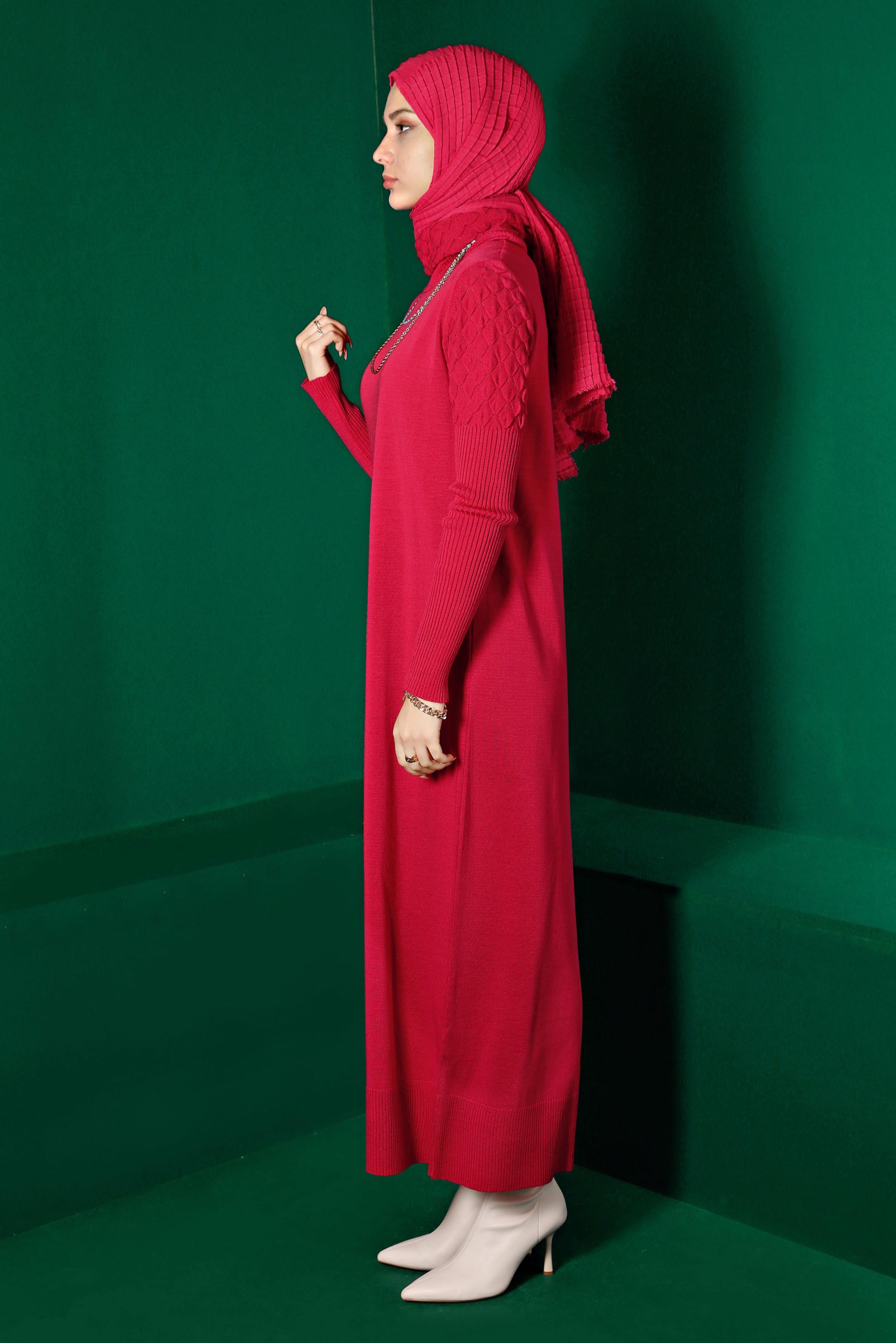 Tesettür giyim FUŞYA BOĞAZLI BASIC TRİKO ELBİSE 43131