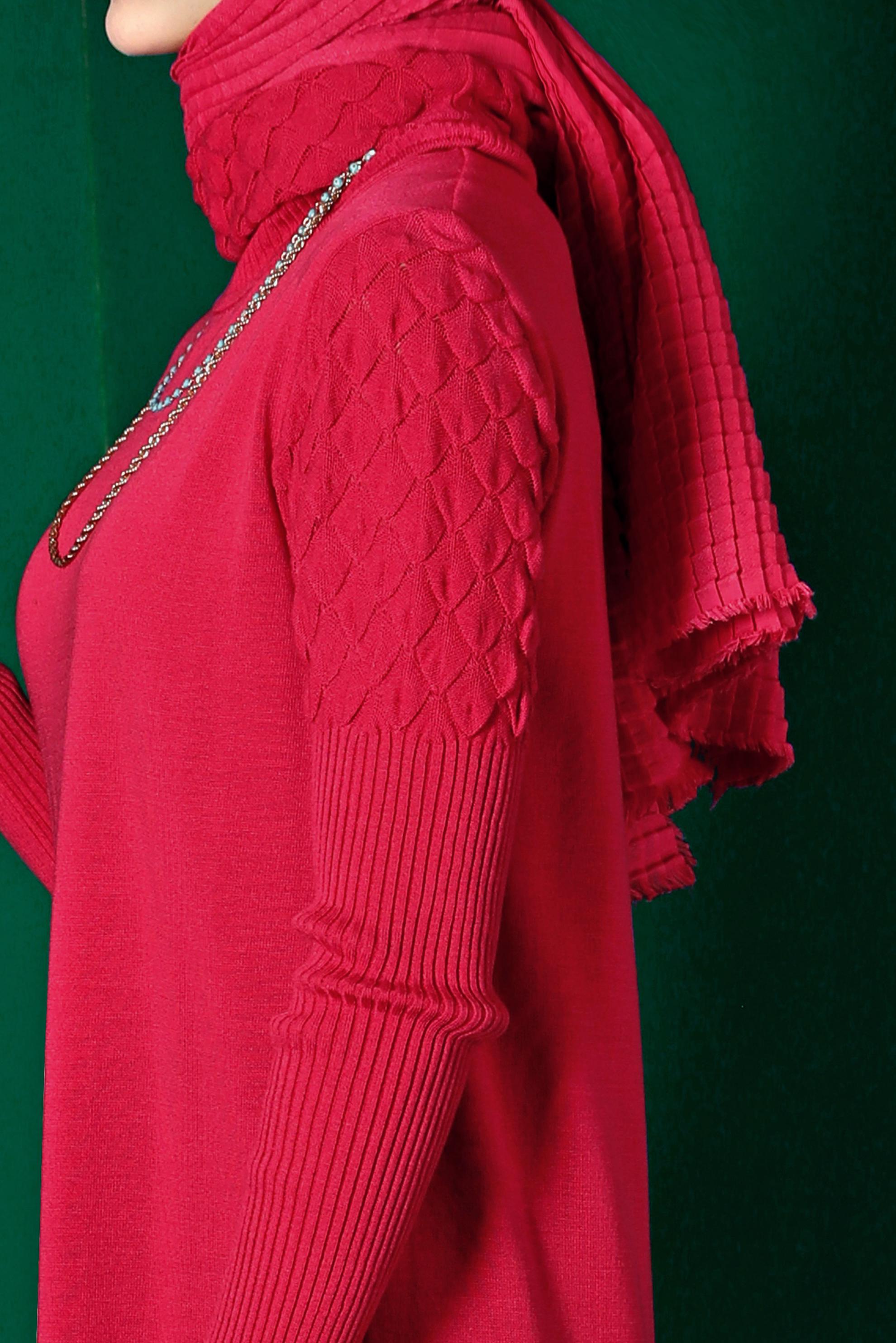 Tesettür giyim FUŞYA BOĞAZLI BASIC TRİKO ELBİSE 43131