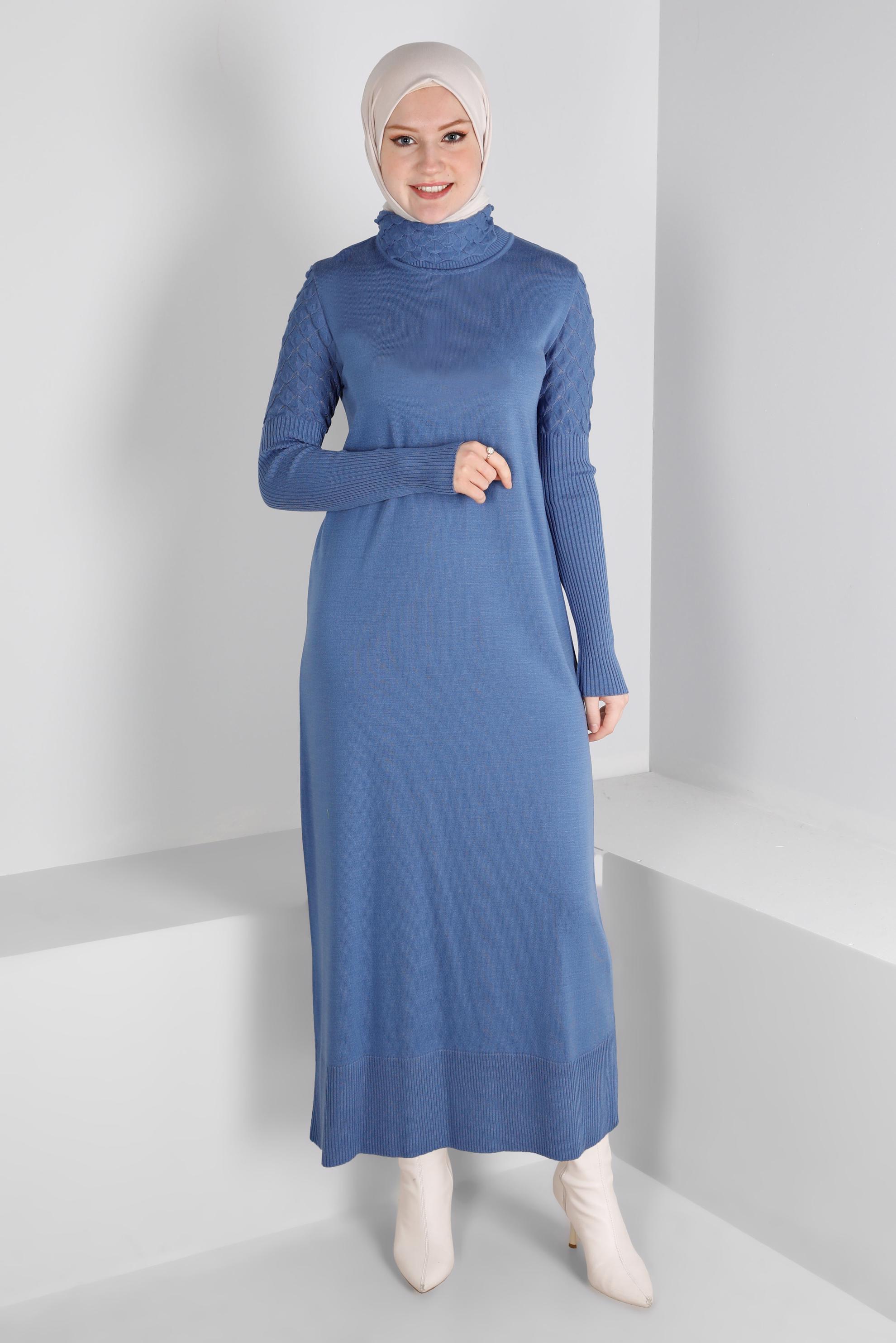 Tesettür giyim MAVİ BOĞAZLI BASIC TRİKO ELBİSE 43131