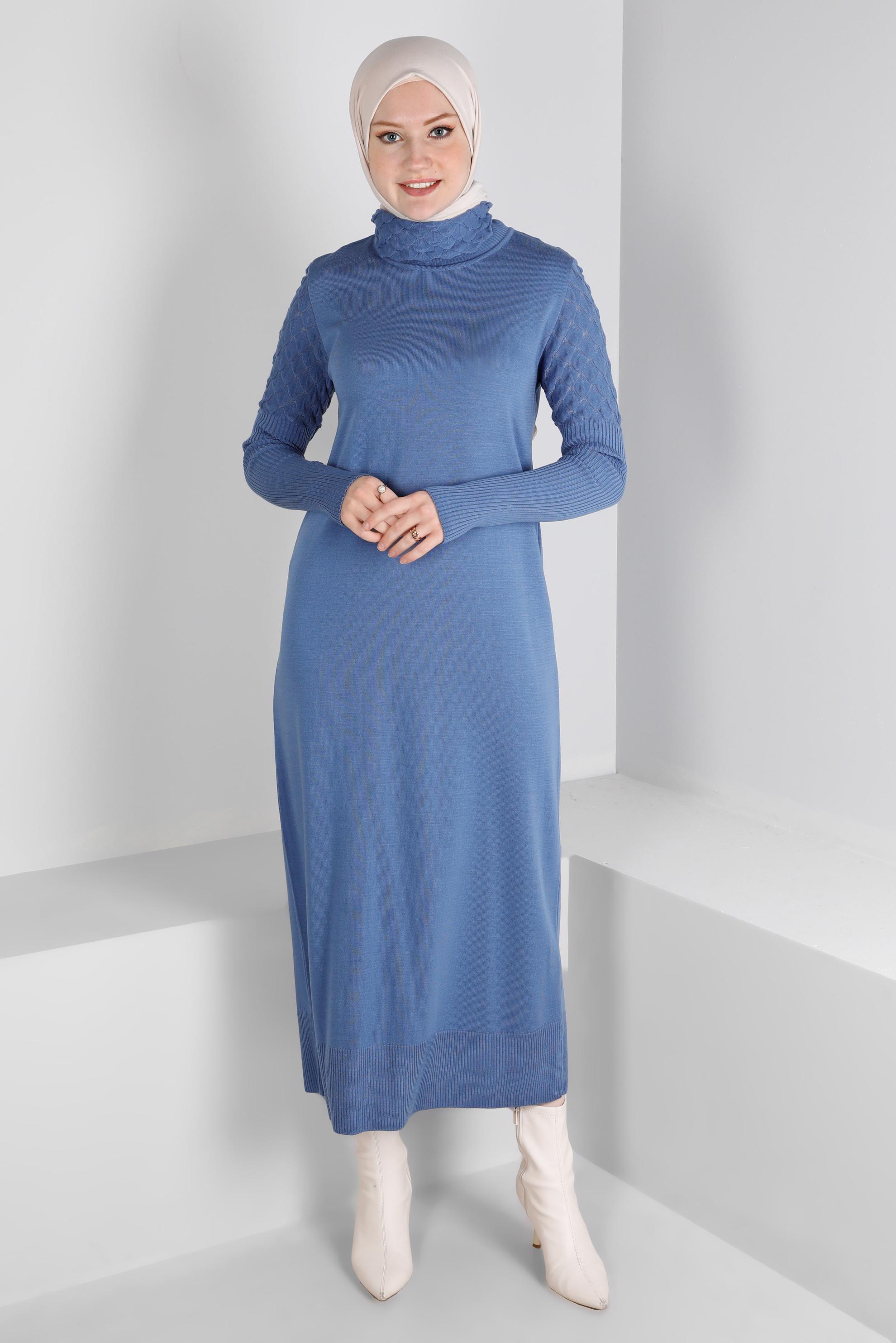 Tesettür giyim MAVİ BOĞAZLI BASIC TRİKO ELBİSE 43131