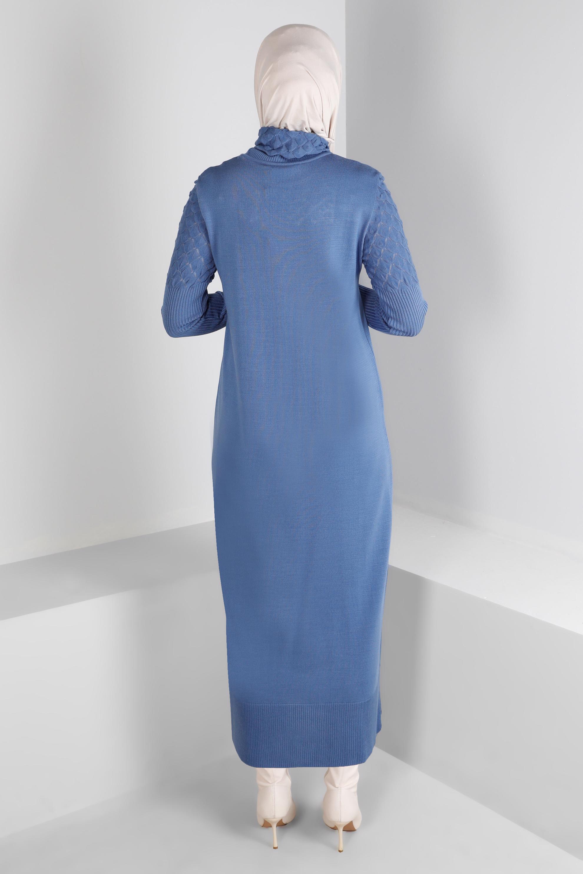 Tesettür giyim MAVİ BOĞAZLI BASIC TRİKO ELBİSE 43131